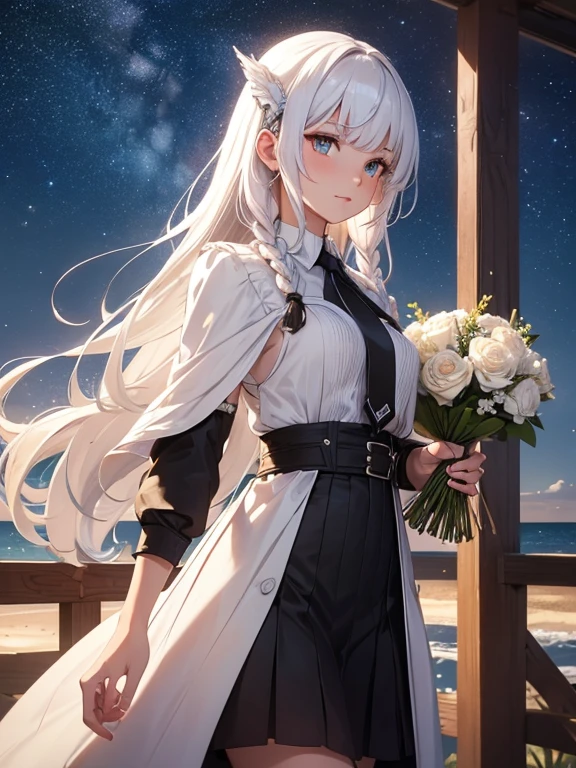 (Highly detailed CG Unity 8K wallpaper, highest quality, masterpiece), ((4k, masterpiece, highest quality)), adult woman, shiny white hair,wolf cut,braided hair, hair loss, shawl, vermilion eyes, full of stars,Ꭲshirt,skirt, Star-studded sky,seaside, star curtain, star hair ornament, suspenders,Unreal,holding a bouquet of flowers,Shoot from a distance