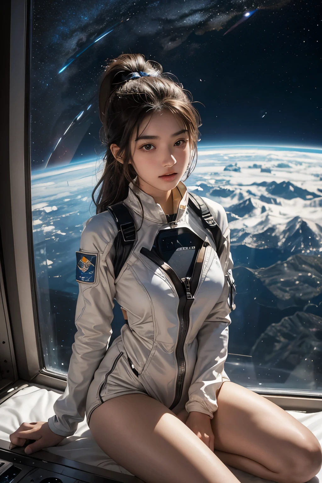 Beautiful maiden as an astronaut, indoor, In the cockpit of the space station, Floating, Zero gravity, Long shot, Nasa, belt
Bright colors,