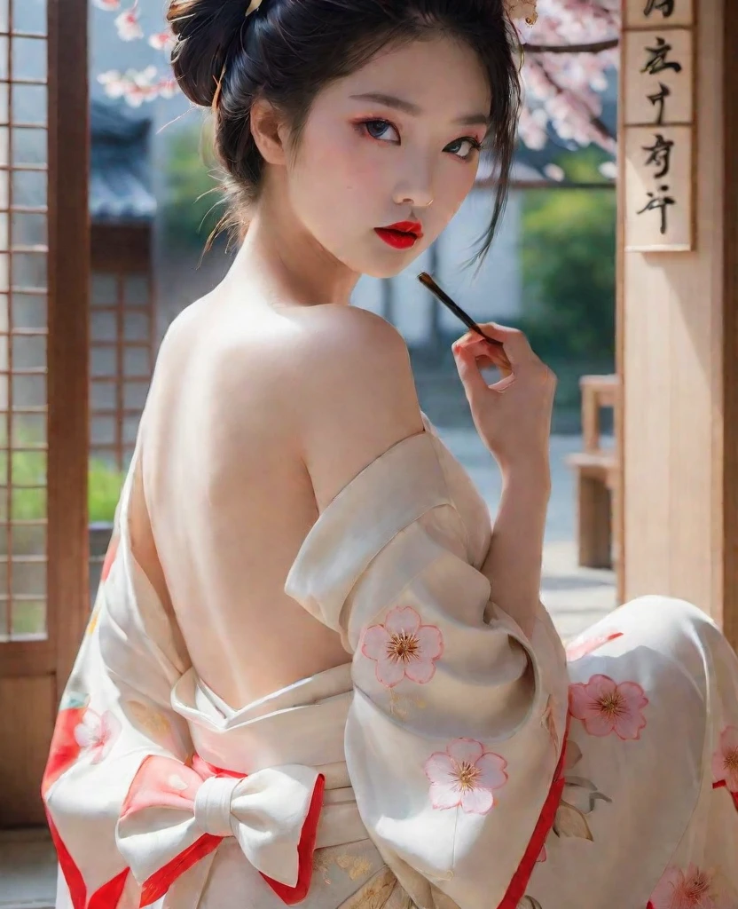 (A geisha standing gracefully under the cherry blossoms), Beautiful cherry blossom fan, Her whole body,
The base makeup is whitish, No changes to highlights and shadows. Her face was covered in white makeup、Face and neck were covered。, but、Red lip makeup isn't just for the lips。. The lips are small, smaller than normal lip area.. Thick eyeliner accentuates the contours of your eyes, Strengthen your eyes, Makes pupils appear darker and deeper, And the shape of the unibrow draws attention without being dull., Cleanse the entire face, Typical Japanese Geisha makeup,
Wearing a gorgeous kimono embroidered with black and gold cherry blossoms, This is a long-sleeved kimono, Wearing clogs,
background: under the sunset, Red cherry blossom petals are next々And they scatter, Dark brown and blue,
surreal portrait, Realistic depiction of light and shadow, Actual vs. exaggerated photos, super high quality, super detailed details, filming a movie,