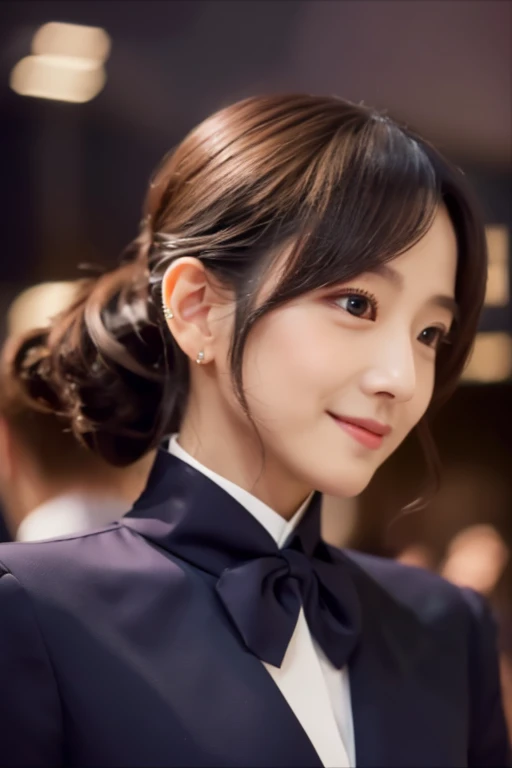 8K、Super quality images、Color、(A beautiful smiling Japanese woman in a suit, Exudes elegance and sophistication). (Looking at the camera facing the front)、The lines must be delicate, It brings out a sophisticated impression from a woman's hairstyle and facial expression.。. Ideally,