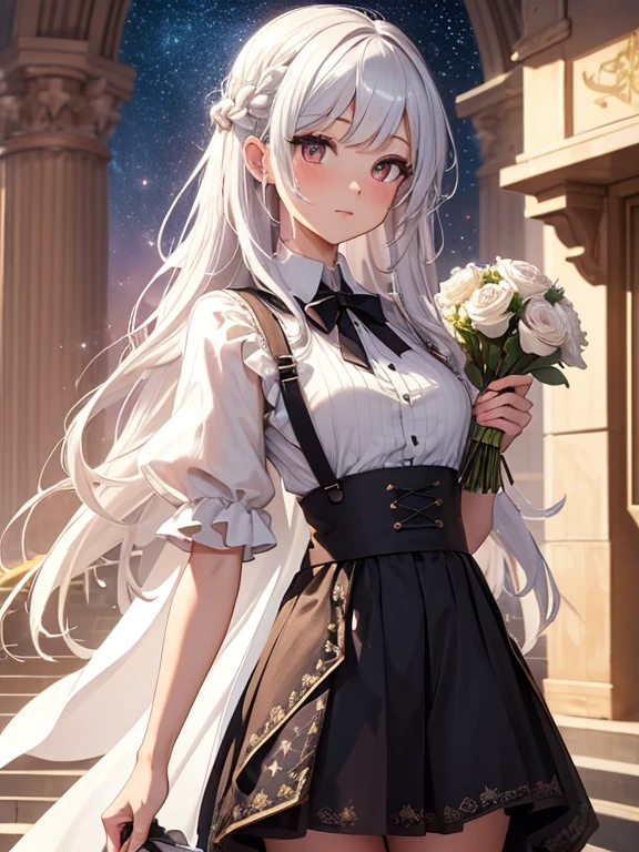 (Highly detailed CG Unity 8K wallpaper, highest quality, masterpiece), ((4k, masterpiece, highest quality)), adult woman, shiny white hair,wolf cut,braided hair,, shawl, vermilion eyes, full of stars,Ꭲshirt,skirt, Star-studded sky,seaside, star curtain, star hair ornament, suspenders,Unreal,Holding a bouquet of flowers,Shoot from a distance