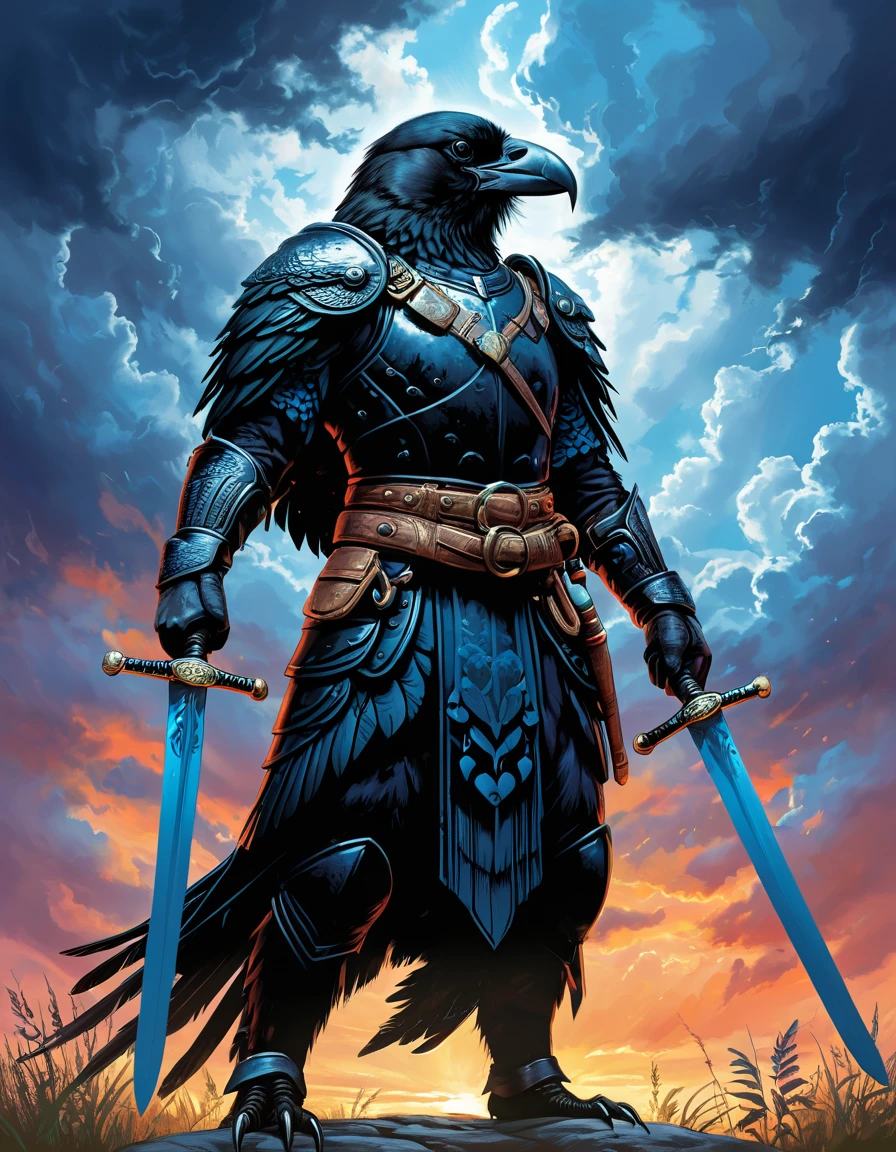 Garden hose style illustration,Depicts a crow warrior holding two swords, whole body, giggle , Sky dark clouds background.