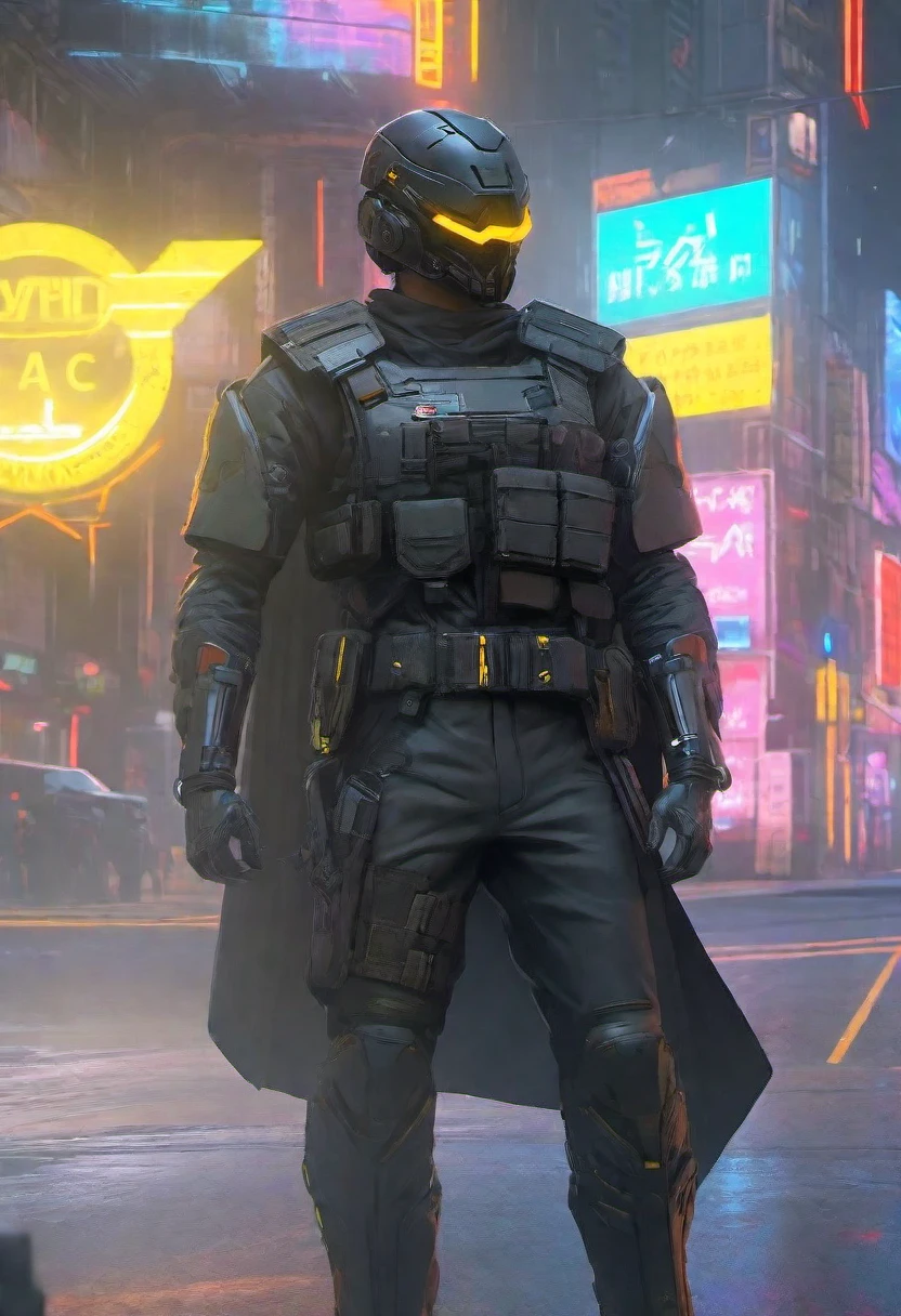 high-res, masterpiece, best quality, Helmet with a tactical armour, Visor, Shoulder pads, Utility belt, Cyberpunk, futuristic, sharpness, cyberpunk city, street neon lights, insta pic, photo of the year, Tactical vest with ammo pouches, A black cape behind him flowing in the wind,