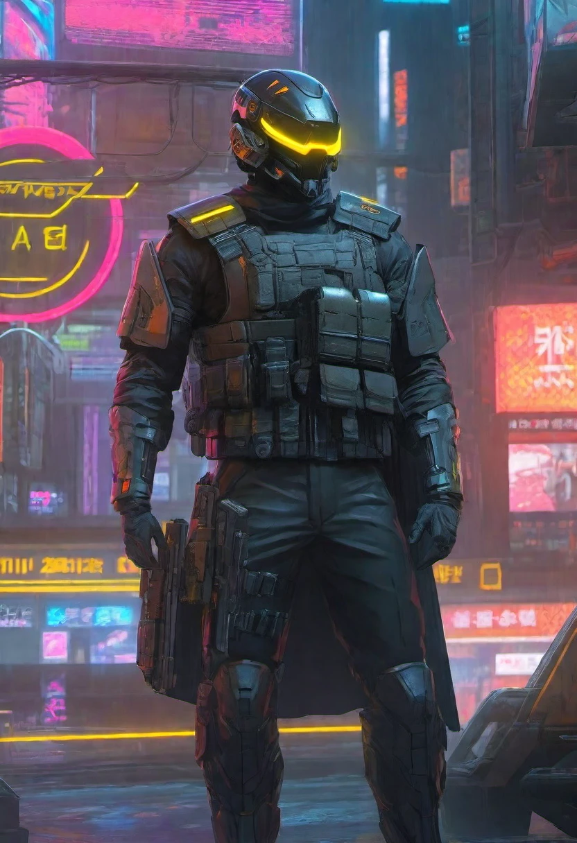  high-res, masterpiece, best quality,  Helmet with a tactical armour, Visor, Shoulder pads, Utility belt, Cyberpunk, futuristic, sharpness, cyberpunk city, street neon lights, insta pic, photo of the year, Tactical vest with ammo pouches, A black cape behind him flowing in the wind,