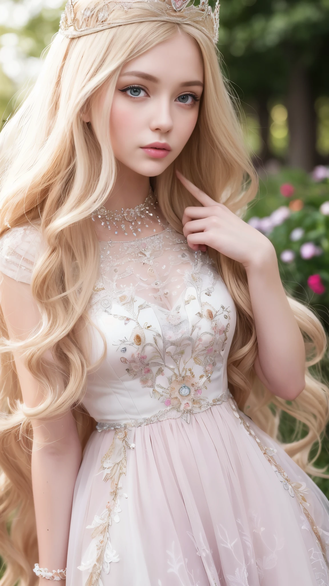 (masterpiece:1.1), (best quality:1.2), 20-year-old Tatiana Romanova as Disney's Princess Aurora,
ultra-detailed, photorealistic:1.5, long blonde hair, wavy and loose, reminiscent of classic Disney Princess styles,
(pale complexion:1.4), (earth tone dress:1.3), influenced by Tatiana's Russian roots, adorned with delicate floral motifs,
(detailed beaded tiara:1.3), (subtle make-up:1.1), soft pink lips, long lashes, and rosy blush on the cheeks
