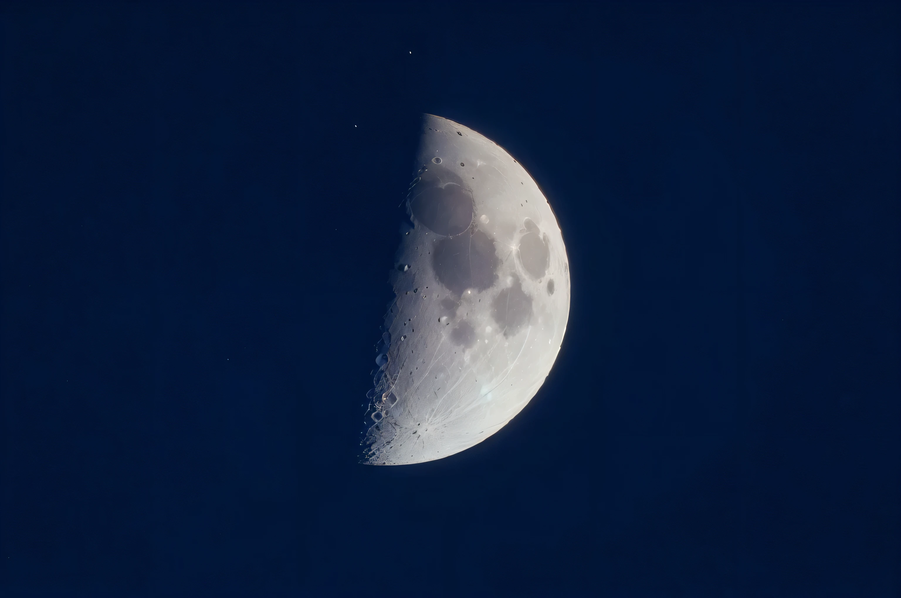 arafed half moon in the blue sky with a cloudless cloud, waxing moon, waning moon, the moon in the background, moon in the background, crescent moon in background, moon in background, halfmoon in space, large moon in the sky, moon, the moon on the top right, focus on the moon, moon in background!