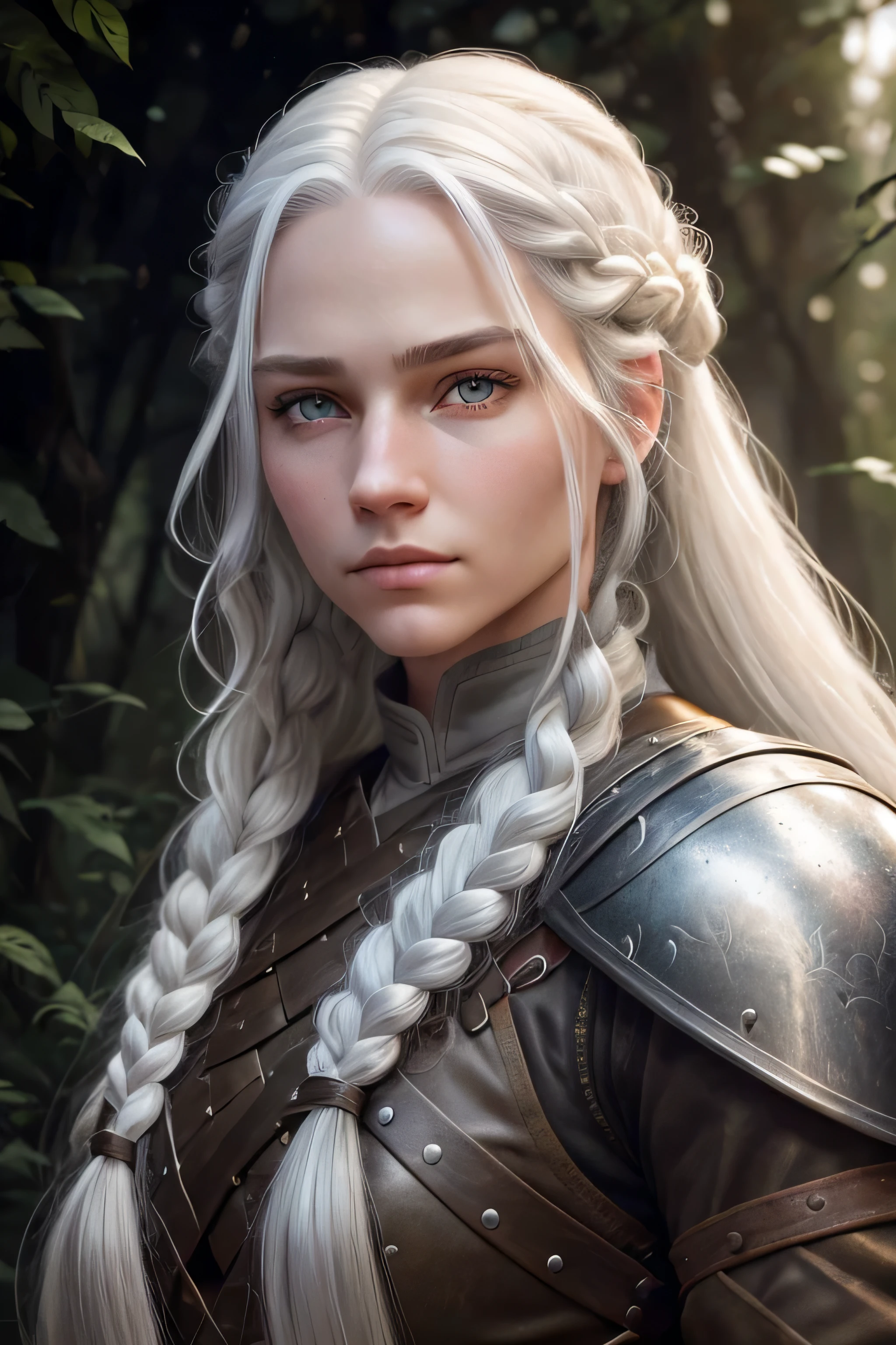 1 female ranger, long white hair, braided hair, grey eyes, eyes have the same color, average face, wearing leather armor, absurdres, high res, ultrasharp, 8K, masterpieceThe image should be of absurd resolution and high detail. It should be ultra-sharp and available in 8K resolution, representing a masterpiece in image quality.