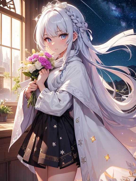 (Highly detailed CG Unity 8K wallpaper, highest quality, masterpiece), ((4k, masterpiece, highest quality)), adult woman, shiny white hair,wolf cut,braided hair,, shawl, vermilion eyes, full of stars,Ꭲshirt,skirt, Star-studded sky,Clear lake, star curtain, star hair ornament,,Unreal,Holding a bouquet of flowers,Shoot from a distance