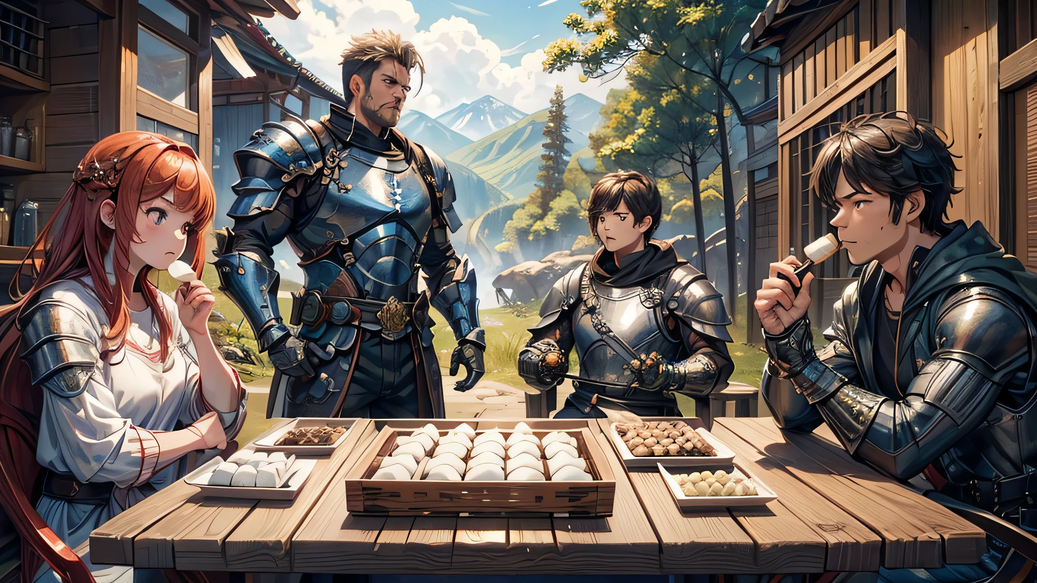 perfect anatomy, masterpiece:1.4, best quality, 8k, beautiful detailed grow, daydreaming expression, (Fully armored warrior Tough guy and Brave Sword Fighter Young Man), ((eating Umegae mochi)), in the The wilderness of Dazaifu.