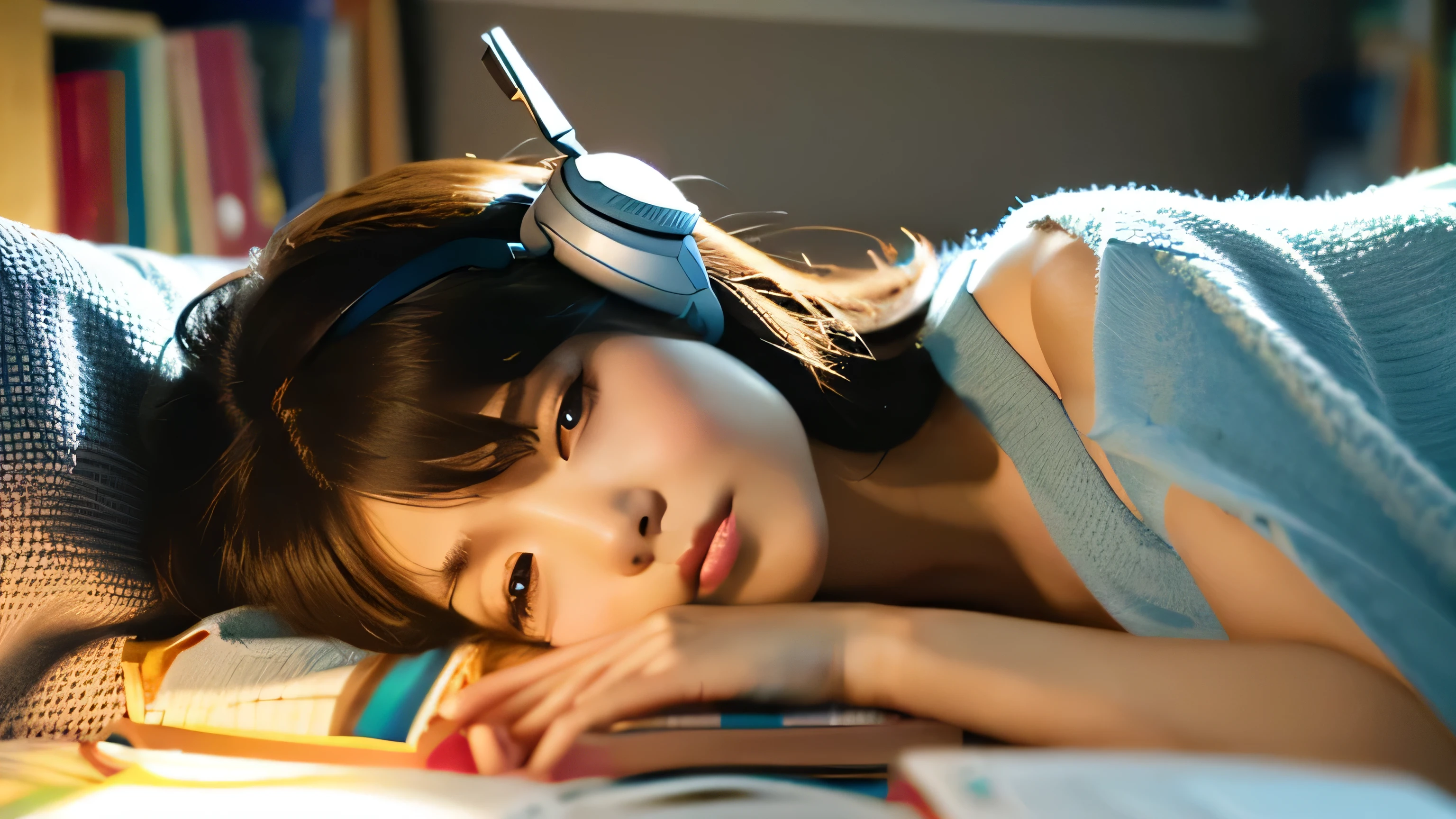 A beautiful girl lying in bed reading a book while listening to music on headphones in her room。warm lighting。It's raining outside the room.。Japanese anime style。