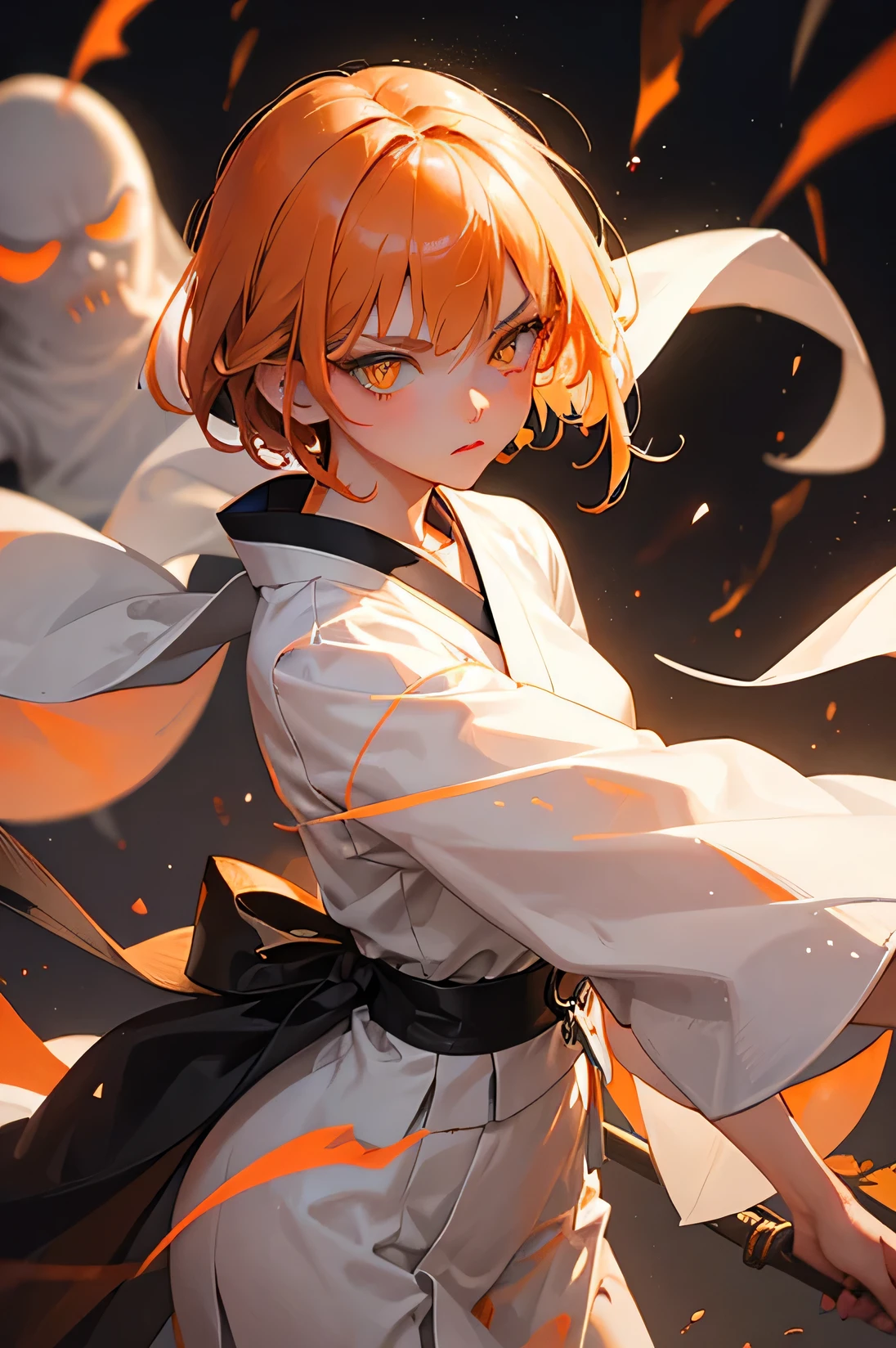 A cool adult woman in a white kimono、1 person、Hundreds of Ghosts at Night、horror、Orange brown short hair、yellow eyes、luster、gloss、battle、serious look、Shibuya background、glaring、I won&#39;t touch it、bold pose