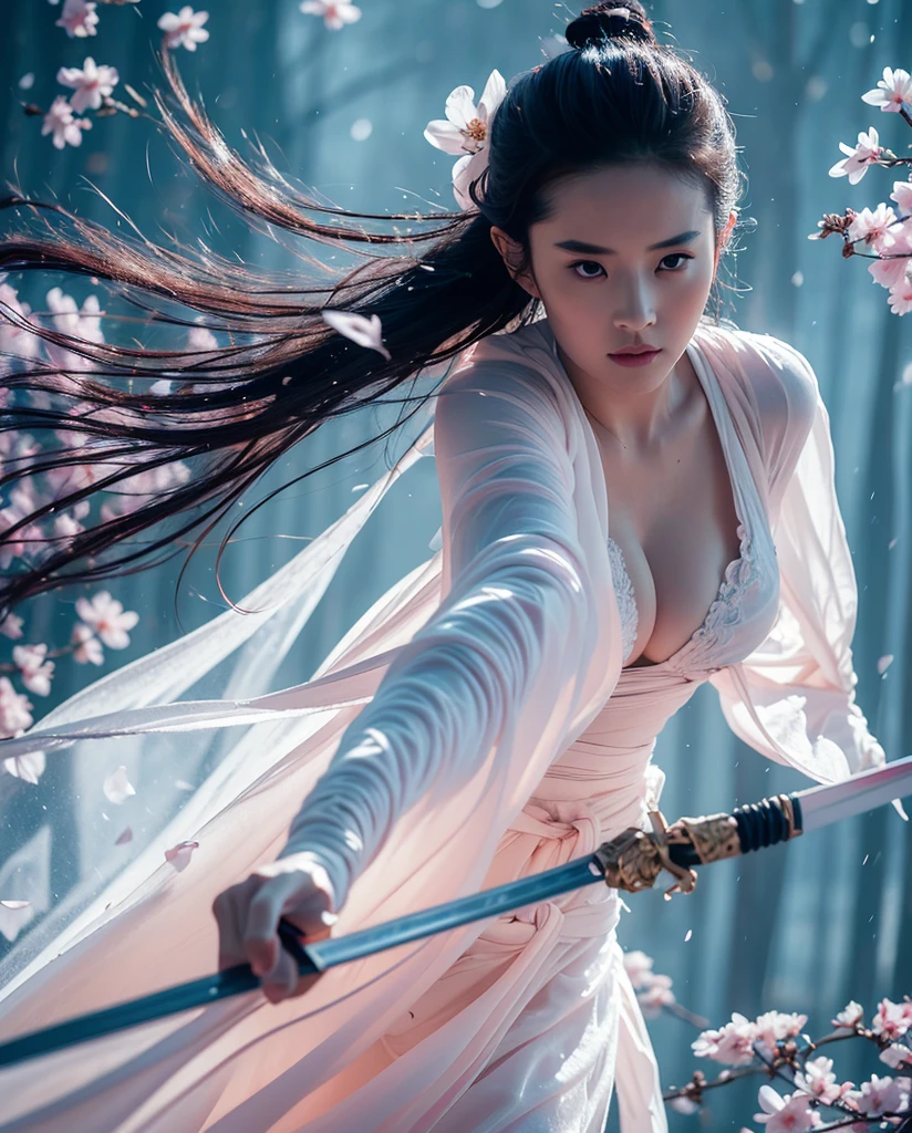 sword sakura,Predominant_Body,1 girl,arms,sword,black hair,flower petals,樱flower,long hair,Chinese clothes,vague,OK,hair accessories,Keep arms,looking at the audience,Keep sword,Keep,long sleeves,facial markings,single OK,flower, Outdoor sports,Best quality,masterpiece,illustration,extremely delicate and beautiful,CG,unity,8k wallpaper,amazing,fine details,masterpiece,official art,Very detailed CG unity 8k wallpaper,Extremely ridiculous,File size is large,super detailed,high resolution,Very detailed,Beautiful and delicate girl,actual,rain, wet, transparent silk hanfu, show , show nipplen areola
