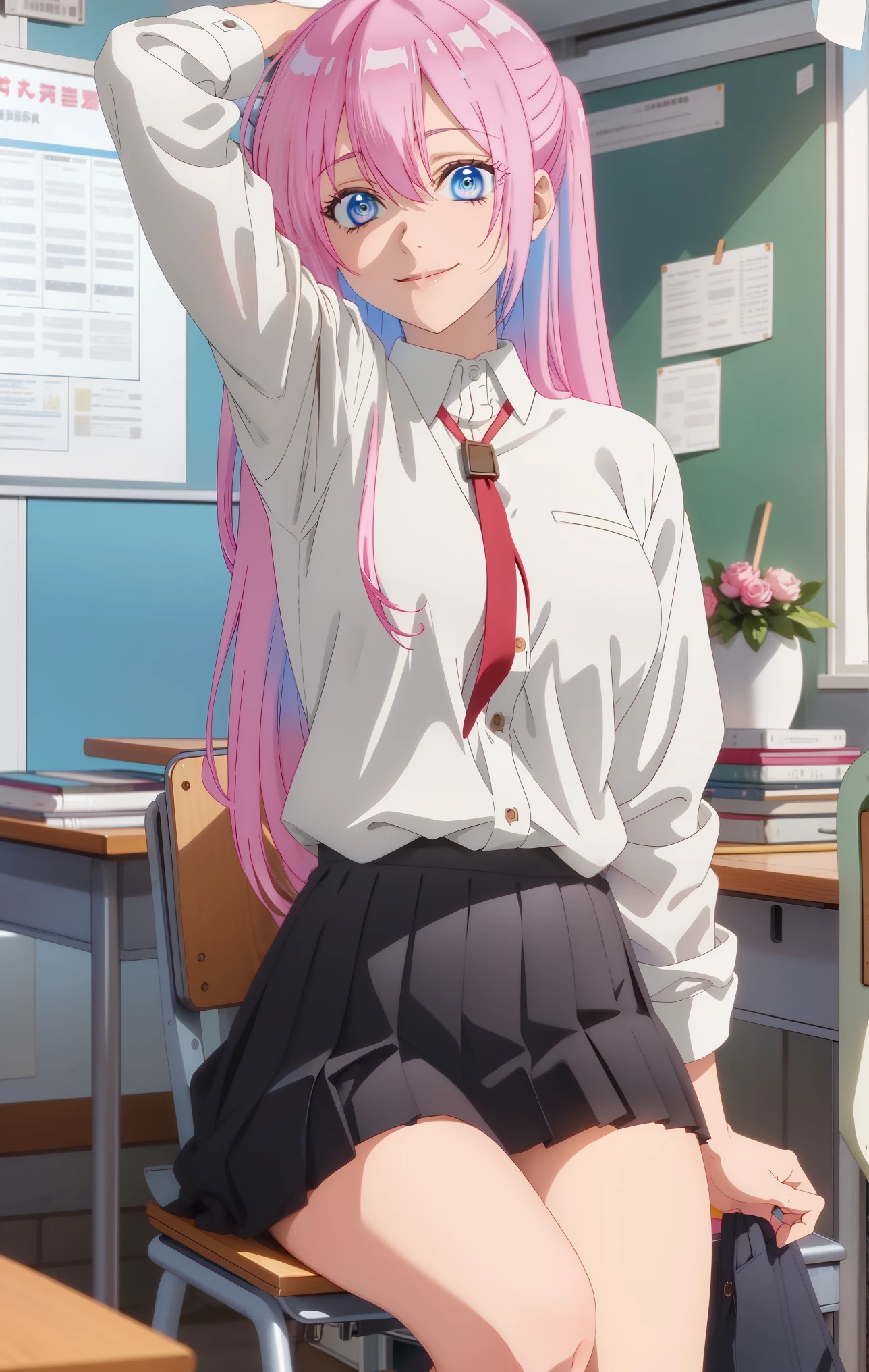 Masterpiece, best quality, highly detailed, highres, highly quality, 1 girl, long hair, pink hair, light blue eyes, large breast, unbottened white school shirt, lifting skirt, exposed panties, inside classroom, smile at viewers,