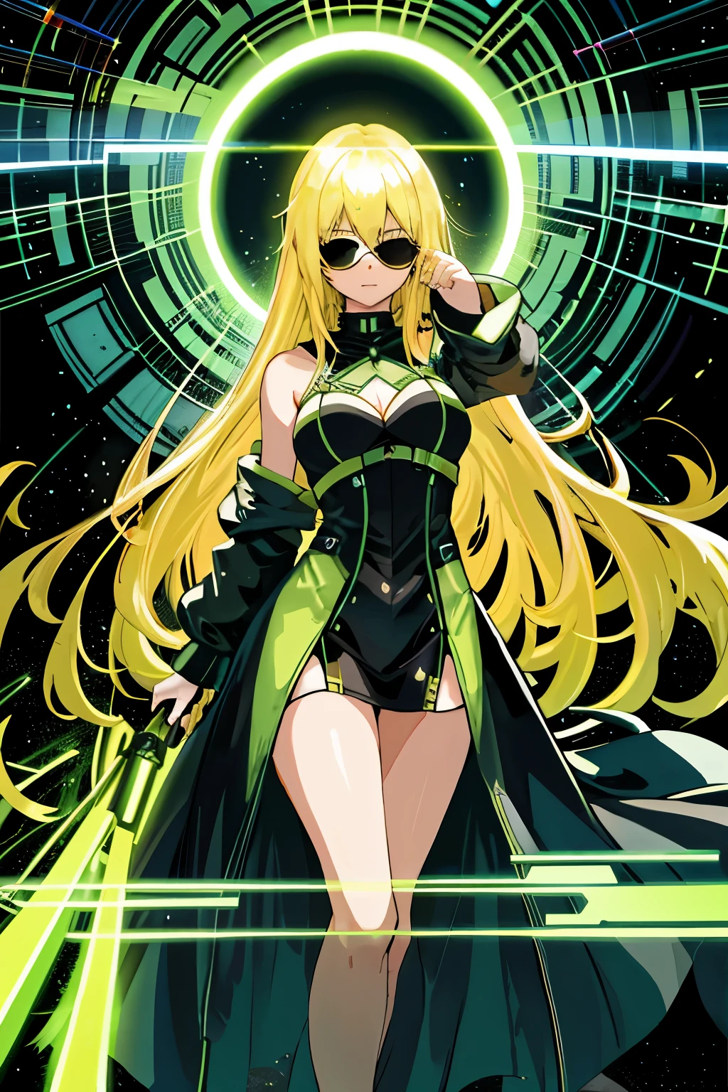 1. In a surreal blend of reality and fantasy, a woman with long, stunning blonde hair cascading down her back and shimmering sunglasses covers her eyes, clad in a sleek green trench coat. She dashes through a digital landscape reminiscent of The Matrix, with a mesmerizing green binary code background that flickers and pulsates around her. The ethereal scene, designed for the captivating cover of a science fiction novel, is rendered in an otherworldly style evoking a sense of wonder and intrigue.
2. Witness the thrilling panorama of a young woman with captivating long blonde hair, obscured by chic black