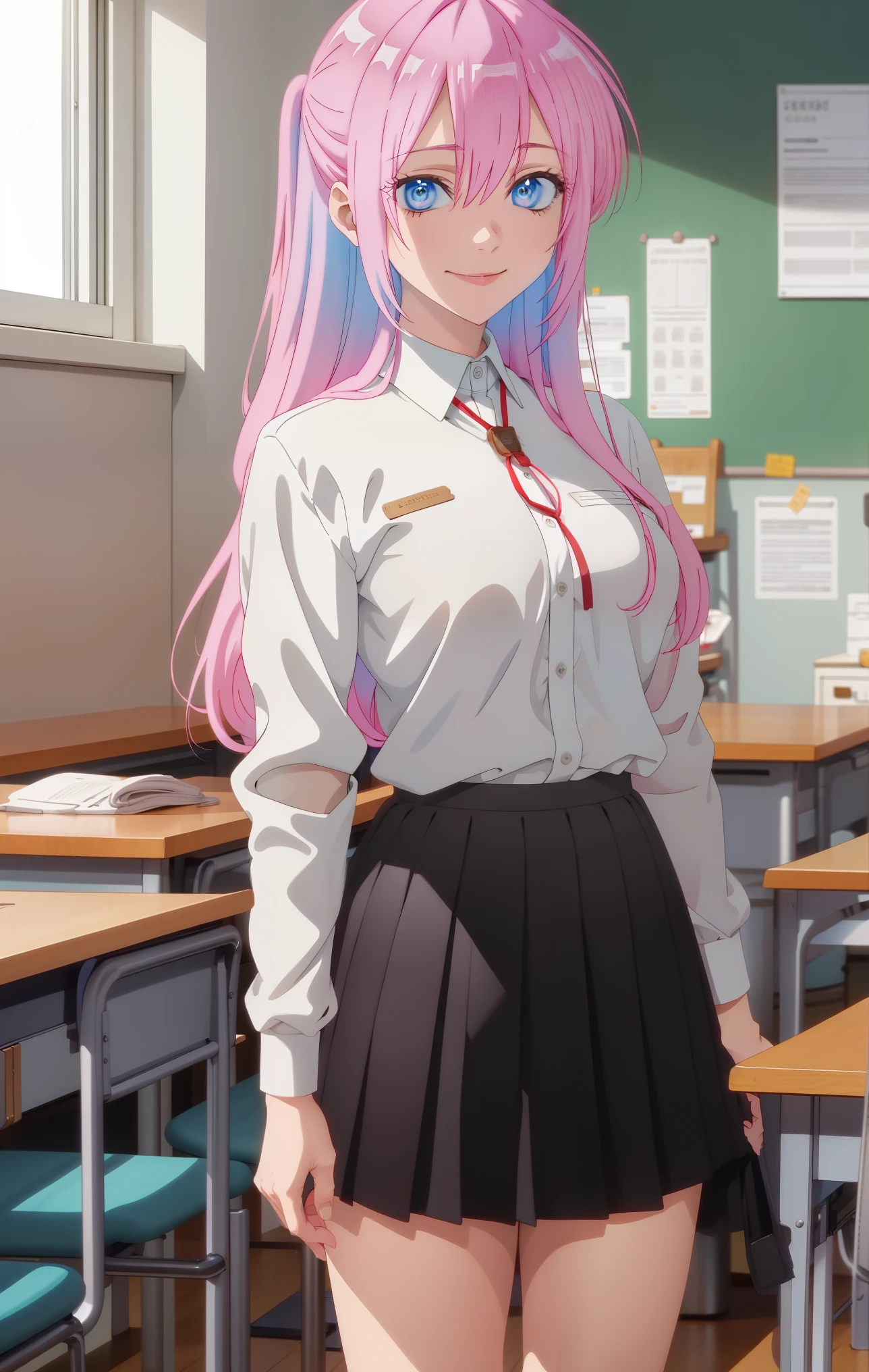 Masterpiece, best quality, highly detailed, highres, highly quality, 1 girl, long hair, pink hair, light blue eyes, large breast, unbottened white school shirt, lifting skirt, exposed panties, inside classroom, smile at viewers,