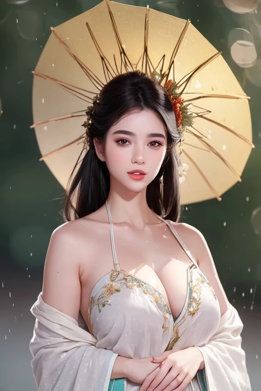 ((highest quality, 8K, masterpiece: 1.3)), concentrated: 1.2, perfect body beauty: 1.4, buttocks: 1.2, ((layered haircut)), (wet clothes: 1.1), (rain, street:1.3), (chest: 1.2), (Hanfu: 1.2), bare shoulders, barefoot, Highly detailed face and skin texture, fine eyes, double eyelid, whitened skin, long hair, (shut up: 1.5), (background bokeh: 1.5), Big chest