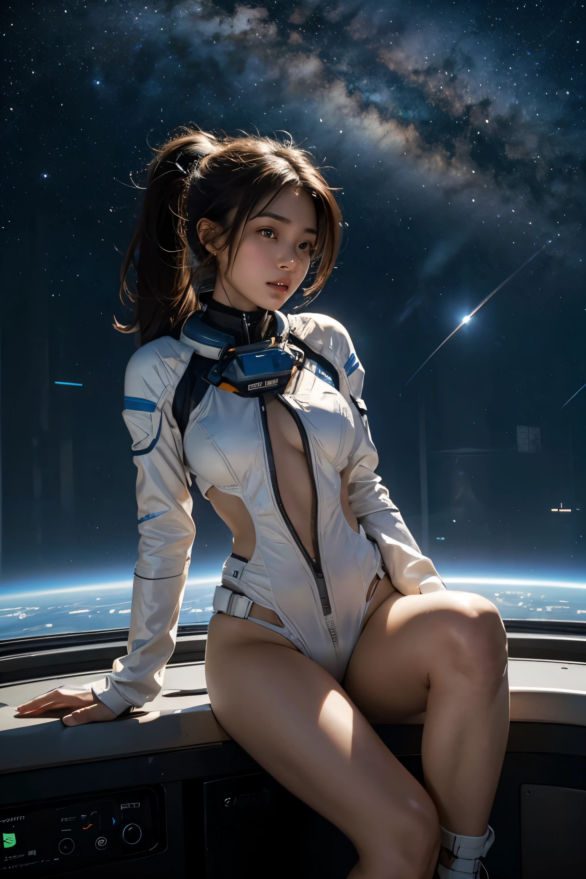 A -yeld br-haired Asian girl with a ponytail looked through the glass of the space hat and saw the starry sky and the Milky Way on the moon. She was wearing a revealing space suit with an open chest and translucent clothing material, which was snow-white. Thighs, pointed breasts, rouge on the face, a  face, waiting for the rescue operation of the spacecraft,