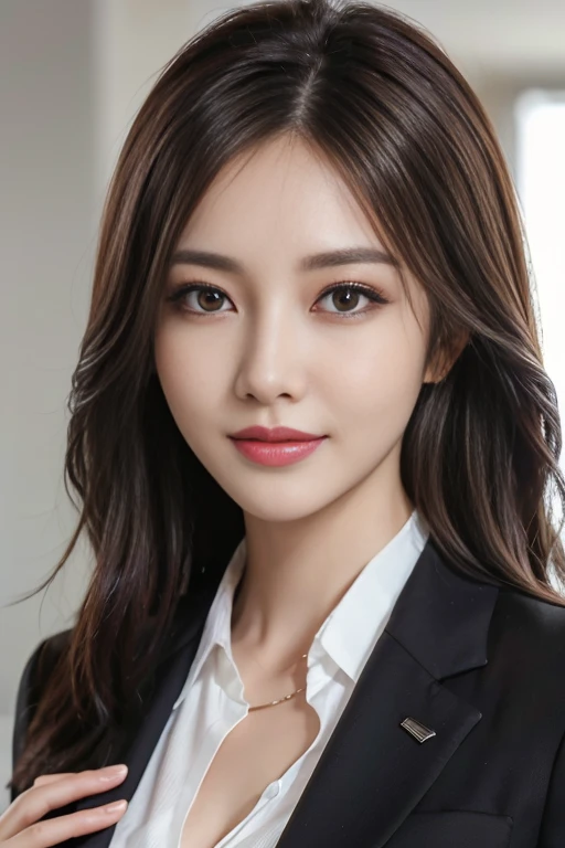 table top, highest quality, realistic, Super detailed, finely, High resolution, 8k wallpaper, 1 beautiful woman,, light brown messy hair, wearing a business suit, sharp focus, perfect dynamic composition, detailed and beautiful eyes, fine hair, Detailed and realistic skin texture, smile, close-up portrait, model body shape