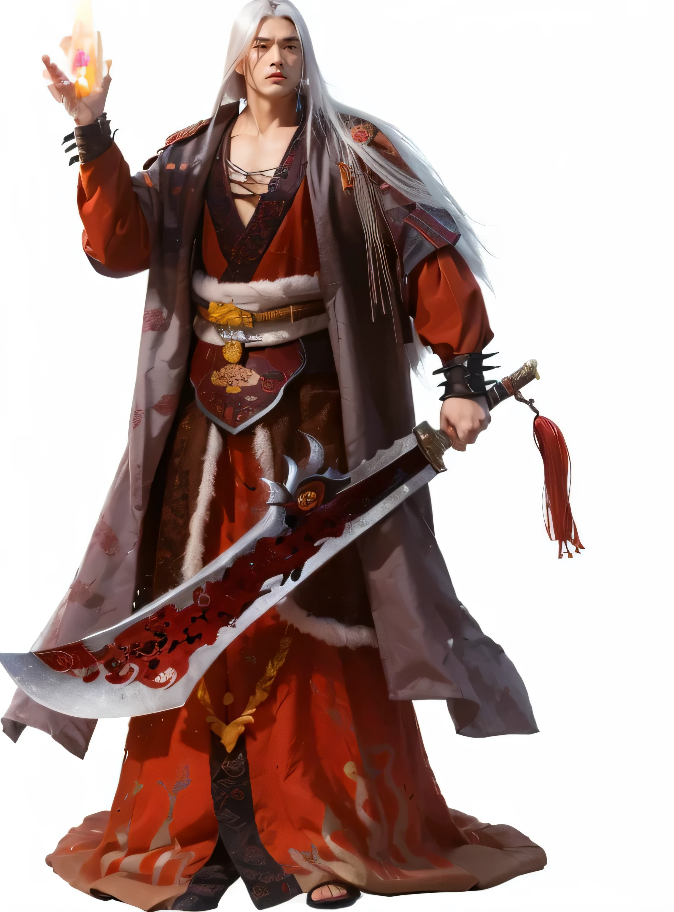 a close up of a man holding a sword and a gun, inspired by Hu Zaobin, inspired by Huang Shen, inspired by Du Jin, inspired by Li Kan, full body wuxia, onmyoji detailed art, inspired by Cao Zhibai, inspired by Yang Jin, male vampire of clan banu haqim, ((full body))