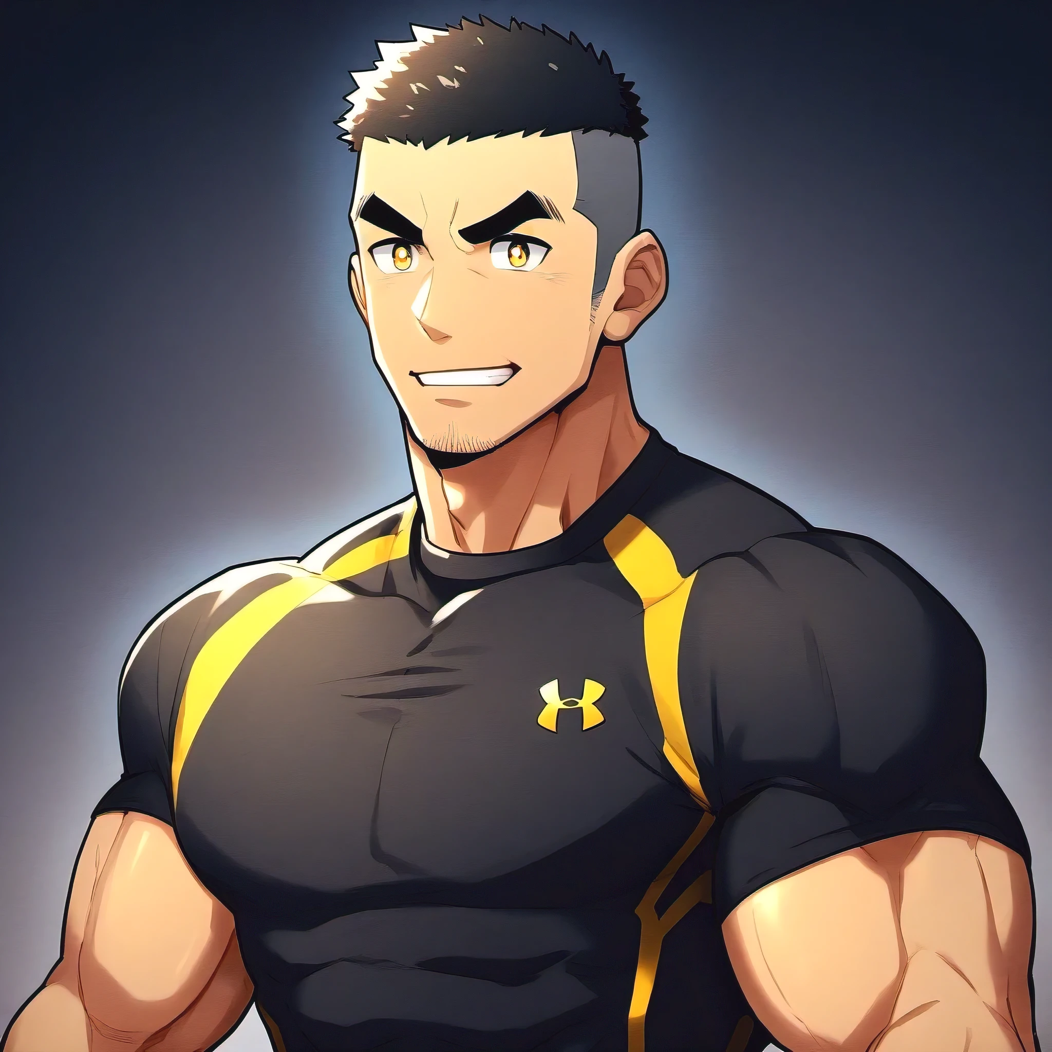 anime characters：Gyee, Fitness coach, 1 muscular tough guy, Manliness, male focus, Yellow and black tight T-shirt, Under Armour brand sports tight T-shirt, Slightly transparent, muscular male, muscular, only, Upper body, alone, Black short hair, Thick eyebrows, stubble, Yellow eyes, Black background, simple background, amazing quality, best aesthetics, Ridiculous, bright pupils, crew cut, parted lips, embarrassed, forced smile, drop shadow, best quality