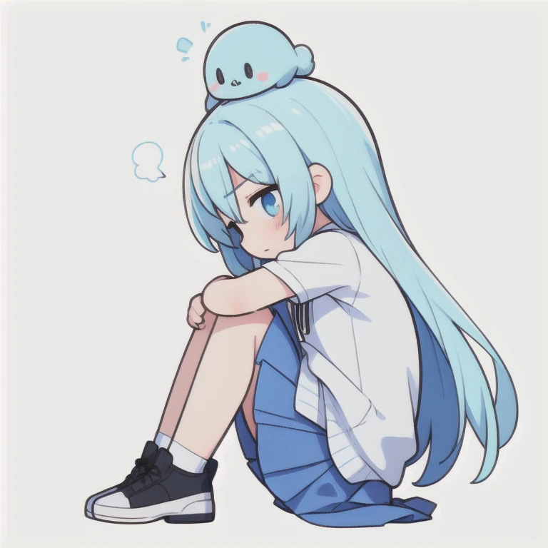 1 girl, Light blue skirt,light blue long hair, Curved spine, Hands on your knees, No background, With outline, I feel depressed and disappointed, He was crouching with his head down so I couldn't see his face., I'm not feeling well, Top-down angle, From the side