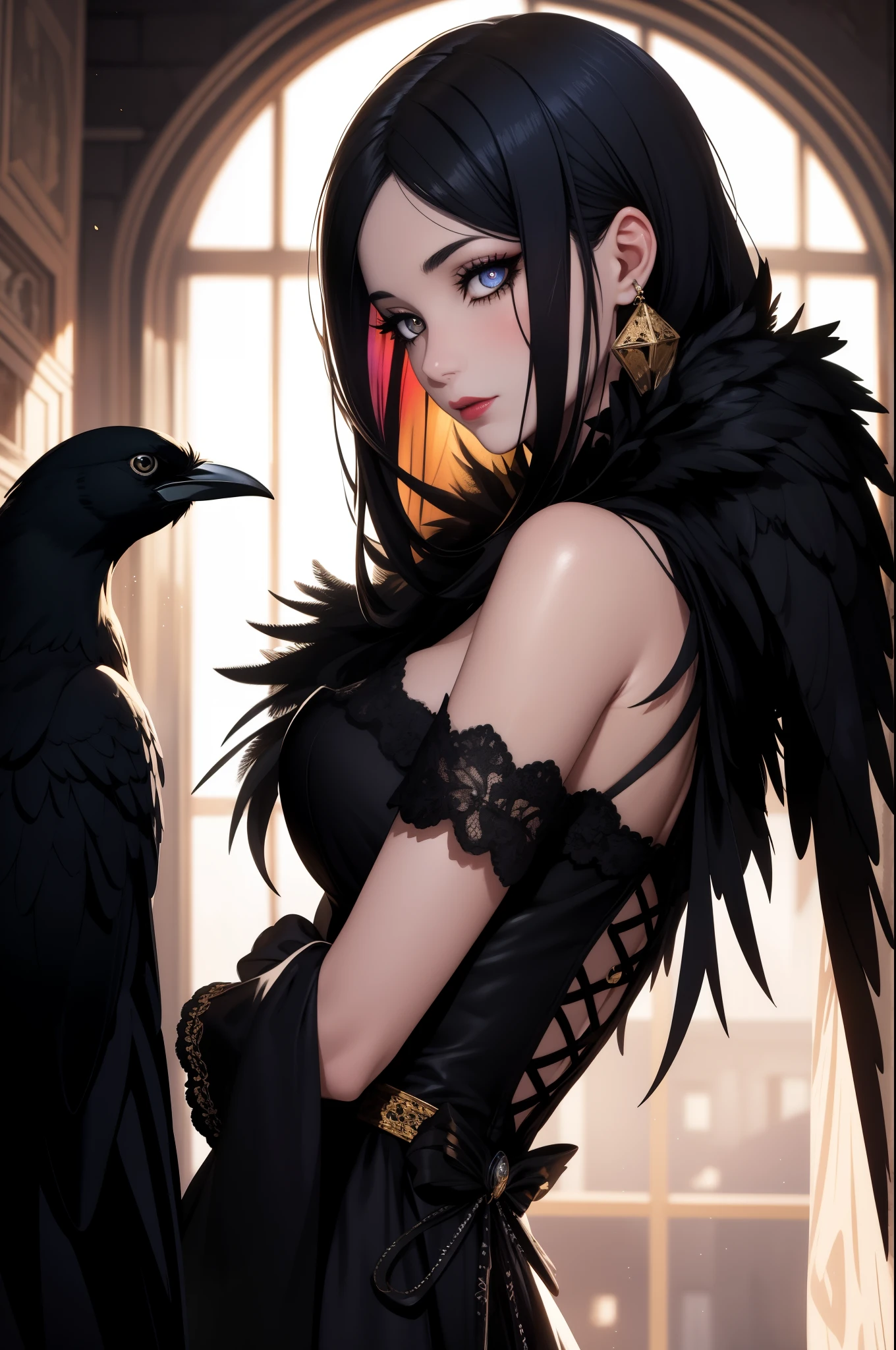 (best quality, highres, masterpiece),ultra-detailed,(realistic,photorealistic,photo-realistic),a young girl dressed mysteriously,beautiful detailed eyes,beautiful detailed lips,extremely detailed eyes and face,longeyelashes,raven-haired,expressive body posture,mysterious smile,dramatic,emotional look,her clothing is dark and gothic-inspired,crow feathers,whispering in her ear,fluttering black wings, contrasting against the pale sky,golden rays of sunlight illuminating the scene,dramatic lighting casting dim shadows, ( a crow perched on her shoulder, crows flying around),crow's dark feathers glistening in the sunlight,creating an eerie and mysterious atmosphere, Depth of field, wallpaper, high contrast, intricate details, volumetric lighting, (dynamic composition:1.2), highly detailed, colorful details, (iridescent colors), (glowing lighting, atmospheric lighting), dreamy, magical, solo, lens flare, colorful, Cinematic light, high-res, sharp focus, smooth, colorful light, particles, dark colors schemes,