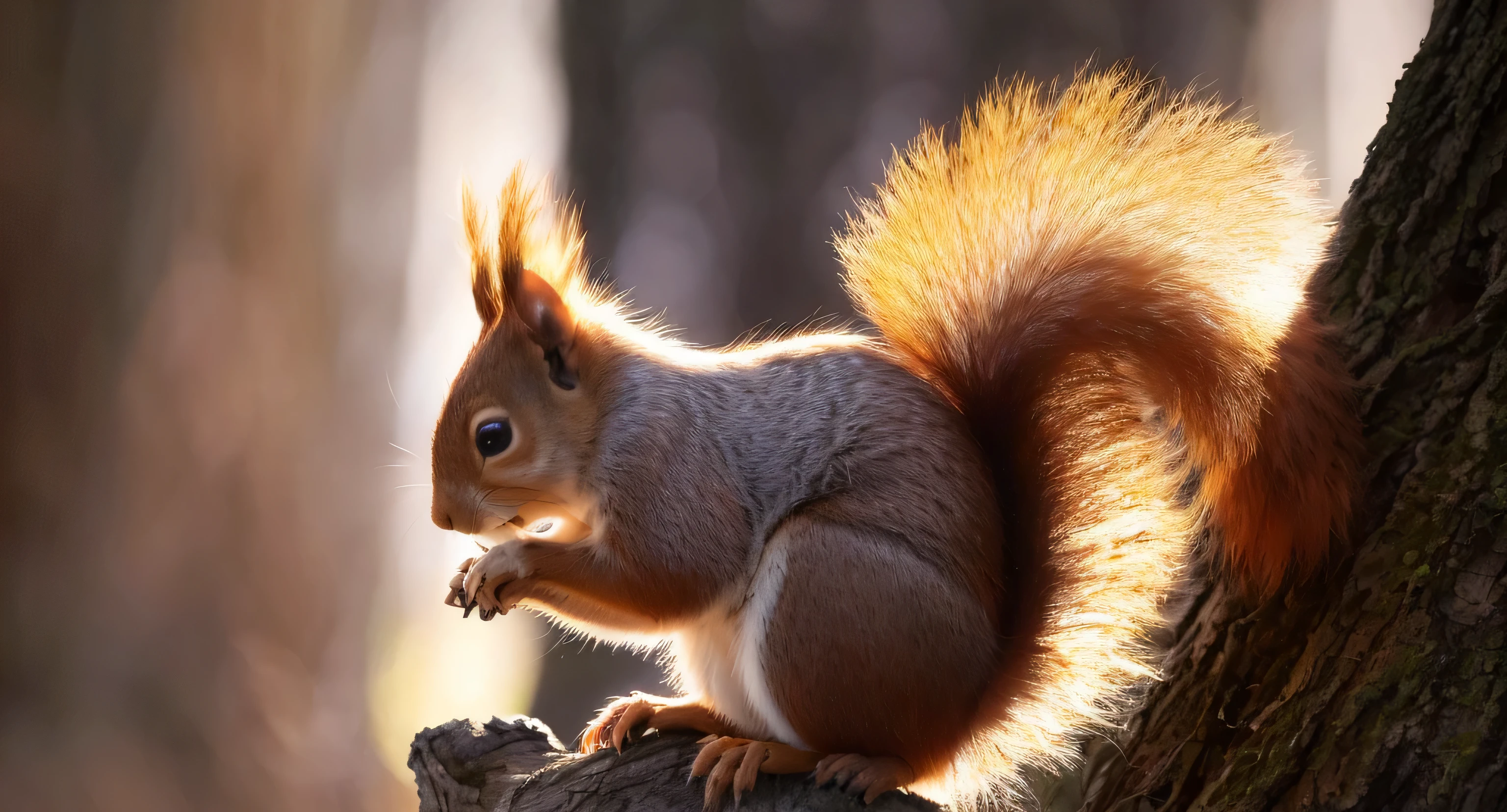 there is a squirrel that is sitting on a tree branch, squirrel, the squirrel king, bushy tail, shutterstock, having a snack, backlit fur, brown tail, natural morning light, squirrels, back - lit, closeup photo, beautiful backlit, portrait shot, istock, fluffy tail, beautiful natural soft light, back lit, nice afternoon lighting