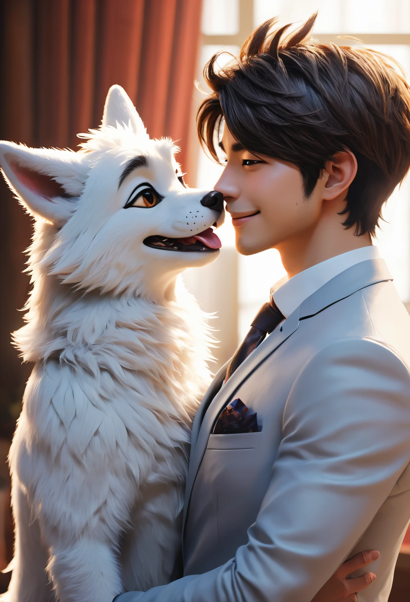 cover page, highres, top quality, best quality, paid reward available, unparalleled masterpiece, perfect artwork, absurdres, High-quality illustrations, super high resolution, detailed background, perfect anatomy(handsome 2boy, kemono, suits, furry anthro, Furry body, dog facial features, dog body features)standing, bird kiss, hugs, smile, happy, cinematic lighting,
