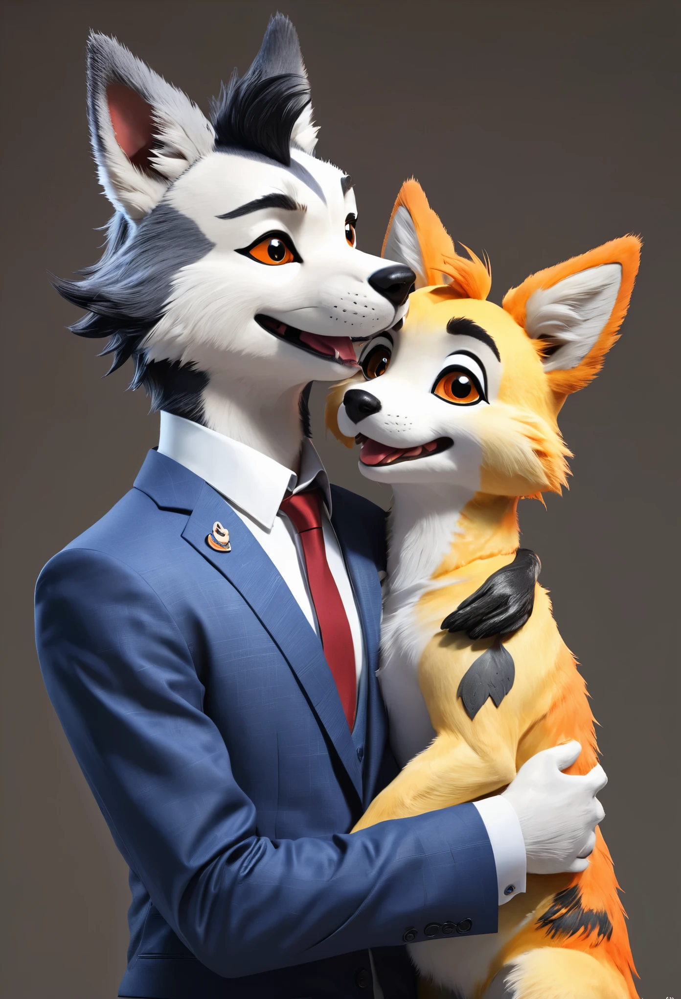 cover page, highres, top quality, best quality, paid reward available, unparalleled masterpiece, perfect artwork, absurdres, High-quality illustrations, super high resolution, detailed background, perfect anatomy(handsome 2boy, kemono, suits, furry anthro, Furry body, dog facial features, dog body features)standing, bird kiss, hugs, smile, happy, cinematic lighting,