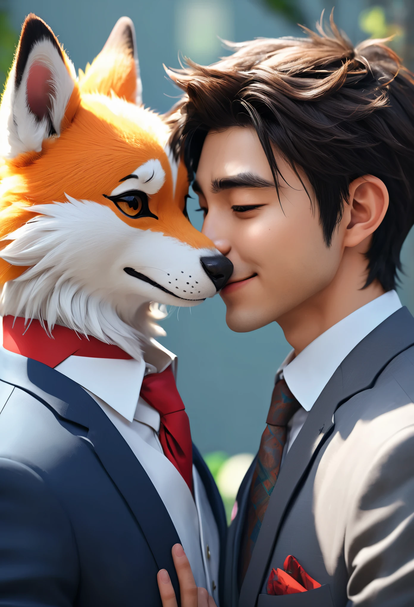 cover page, highres, top quality, best quality, paid reward available, unparalleled masterpiece, perfect artwork, absurdres, High-quality illustrations, super high resolution, detailed background, perfect anatomy(handsome 2boy, kemono, suits, furry anthro, Furry body, dog facial features, dog body features)standing, bird kiss, hugs, smile, happy, cinematic lighting,