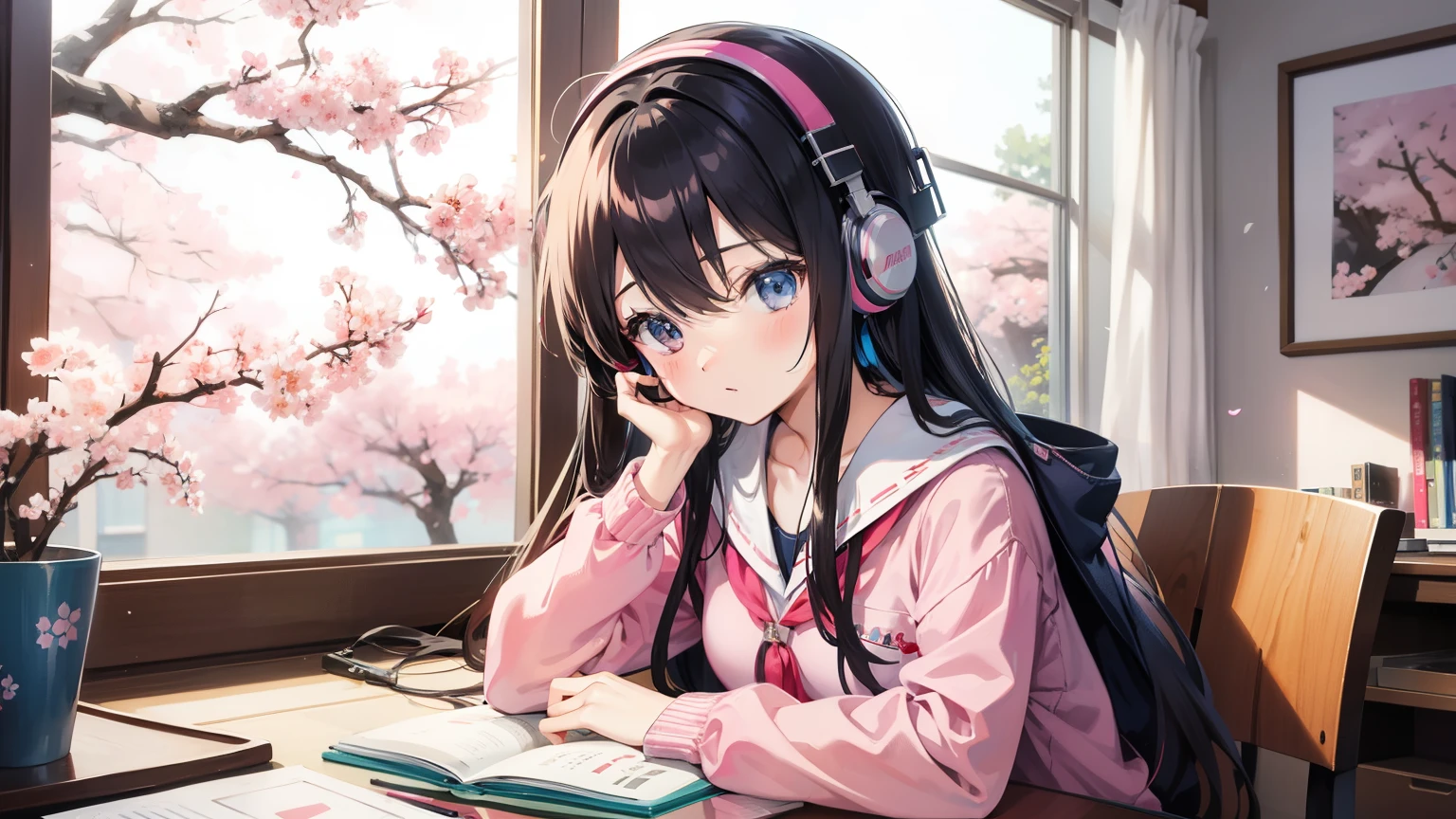 japanese anime style、Beautiful girl studying in her room while listening to headphones,warm lighting,Cherry blossoms are blooming outside the room