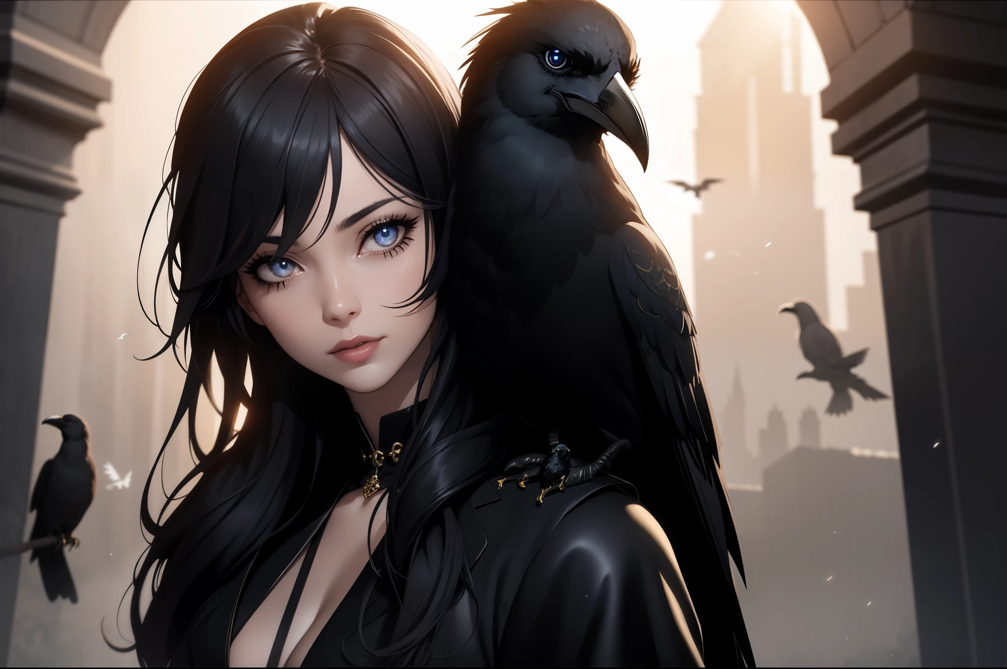 (best quality, highres, masterpiece),ultra-detailed,(realistic,photorealistic,photo-realistic),a young girl dressed mysteriously,beautiful detailed eyes,beautiful detailed lips,extremely detailed eyes and face,longeyelashes,raven-haired,expressive body posture,mysterious smile,dramatic,emotional look,her clothing is dark and gothic-inspired,crow feathers,whispering in her ear,fluttering black wings, contrasting against the pale sky,golden rays of sunlight illuminating the scene,dramatic lighting casting dim shadows, ( a crow perched on her shoulder, crows flying around),crow's dark feathers glistening in the sunlight,creating an eerie and mysterious atmosphere, Depth of field, wallpaper, high contrast, intricate details, volumetric lighting, (dynamic composition:1.2), highly detailed, colorful details, (iridescent colors), (glowing lighting, atmospheric lighting), dreamy, magical, solo, lens flare, colorful, Cinematic light, high-res, sharp focus, smooth, colorful light, particles, dark colors schemes,