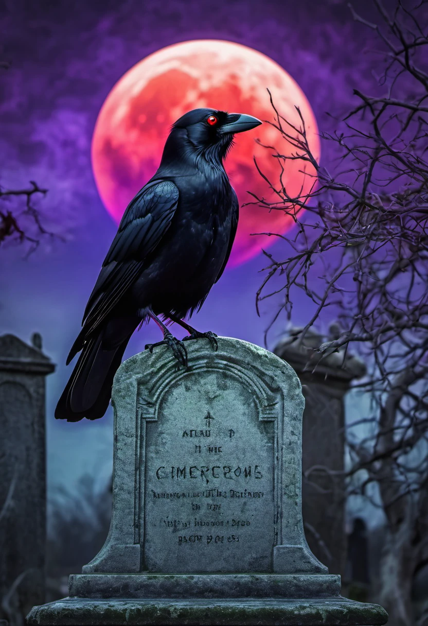 (best quality,8K,high resolution,masterpiece:1.2),(Super detailed,actual:1.37),at night,in the cemetery,A red-eyed crow perched on a tombstone，Surrounded by dead trees,The sky is purple，A strange green light emanates from above the red moon，Blood on the tombstone,close up
