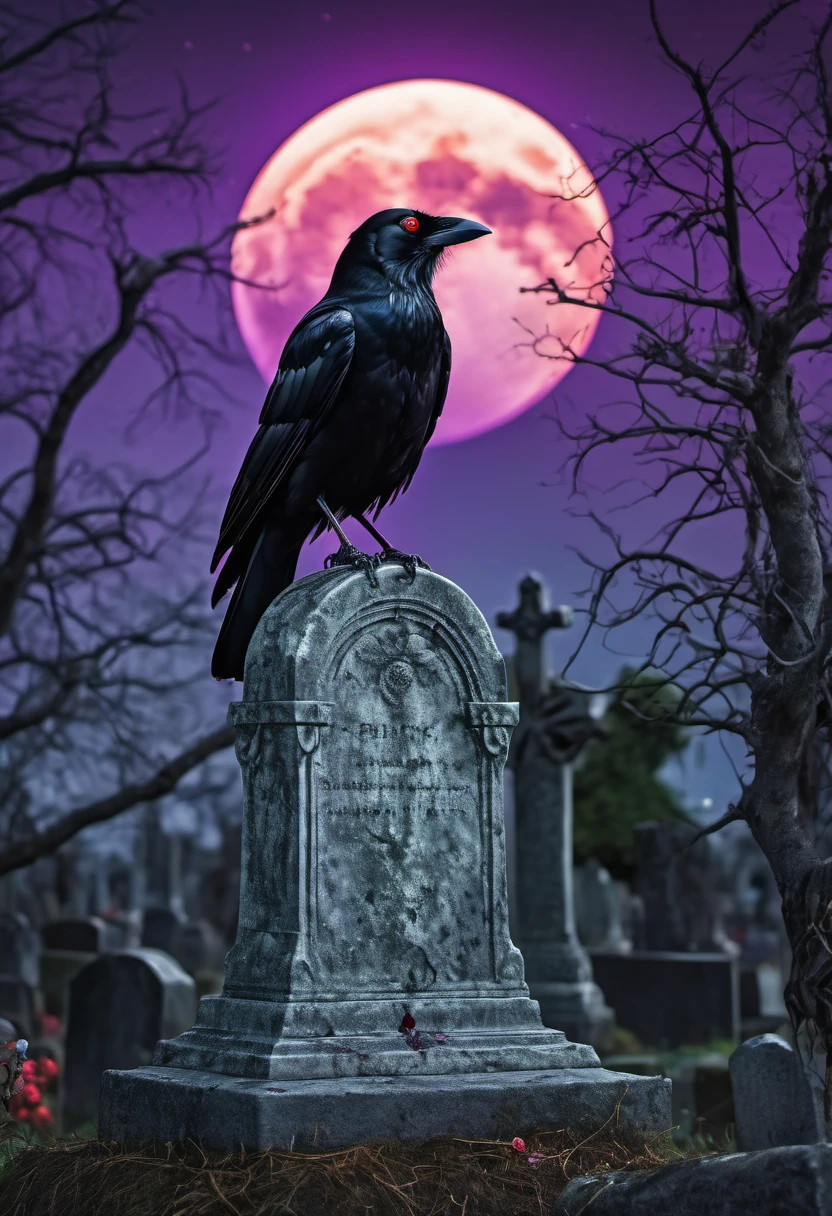 (best quality,8K,high resolution,masterpiece:1.2),(Super detailed,actual:1.37),at night,in the cemetery,A red-eyed crow perched on a tombstone，Surrounded by dead trees,The sky is purple，A strange green light emanates from above the red moon，Blood on the tombstone,close up
