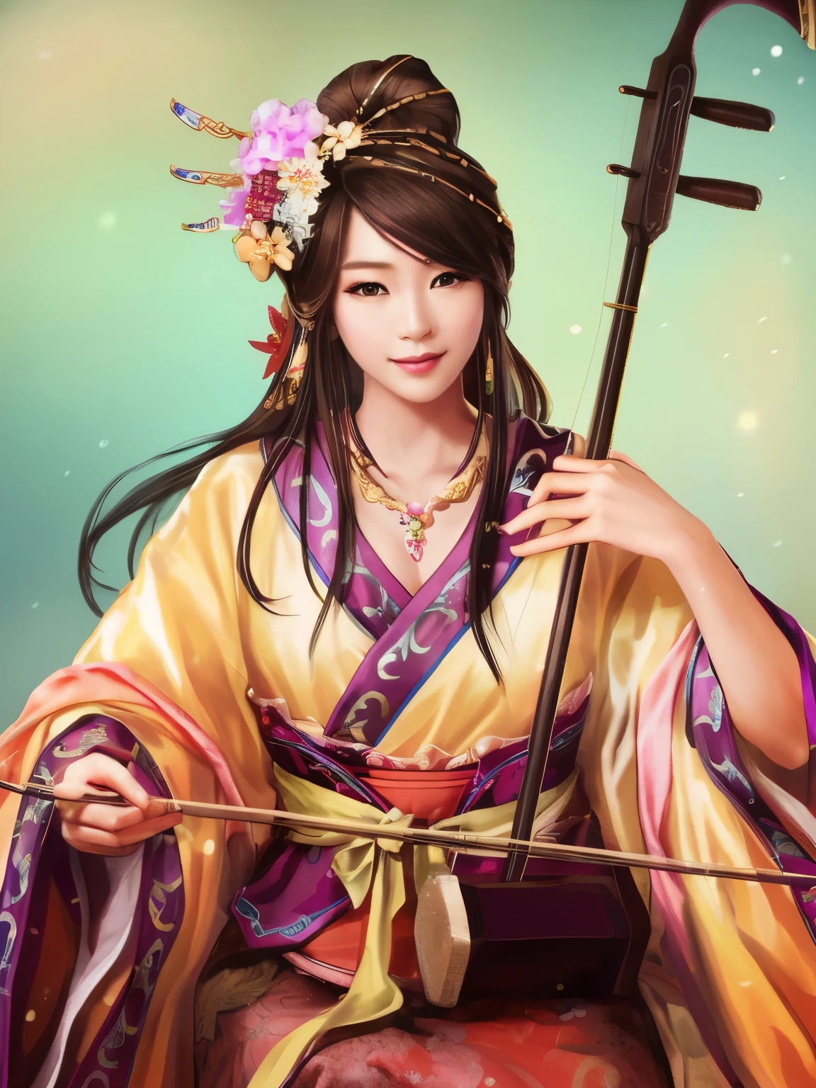 A woman in a kimono outfit holding a string instrument - SeaArt AI