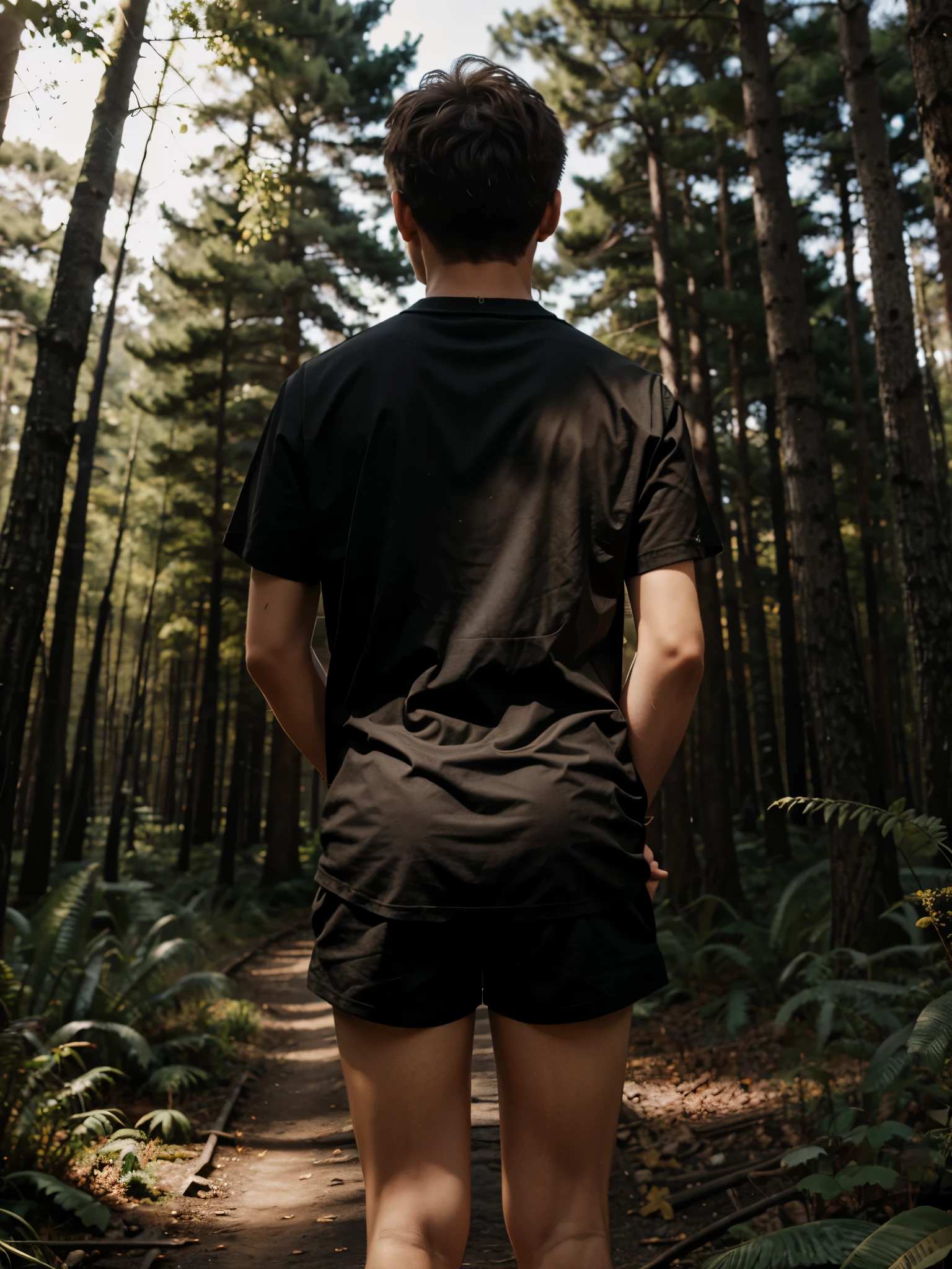 Teen boy ,  back pose ,  black shirt, forest, brightsunset. 
