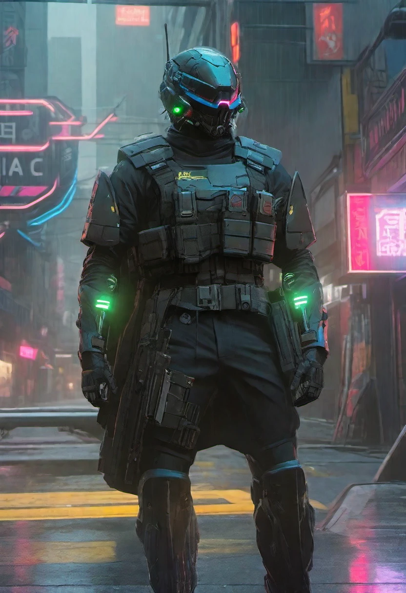high-res, masterpiece, best quality, Helmet with a tactical armour, Visor, Shoulder pads, Utility belt, Cyberpunk, futuristic, sharpness, cyberpunk city, street neon lights, insta pic, photo of the year, Tactical vest with ammo pouches, A black cape behind him flowing in the wind, Thigh gun holster,