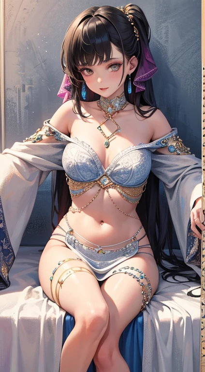 (master piece,highest quality,best quality,official art,Cosmetology and aesthetics:1.2),(1 girl),bare shoulders,open the navel,naked thighs,very detailed,(fractal art:1.3),very colorful,most detailed