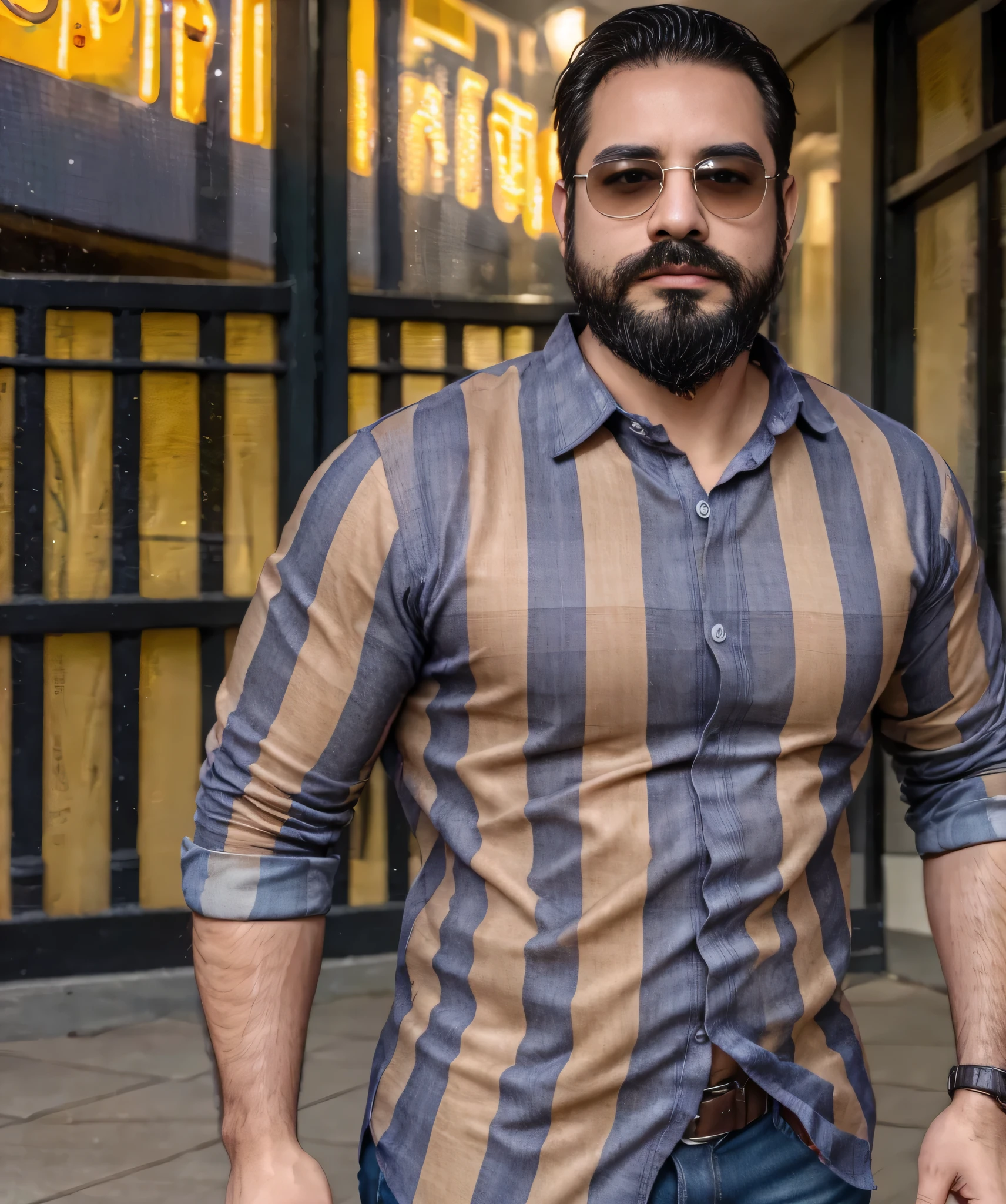(best quality,4k,8k,highres,masterpiece:1.2), ultra-detailed, realistic:1.37, HDR, studio lighting, professional, vivid colors, bokeh, portraits, man in his late 30s, bearded, wearing sunglasses, wearing formal attire with checkered shirt, walking on the street. hombre con obesidad.