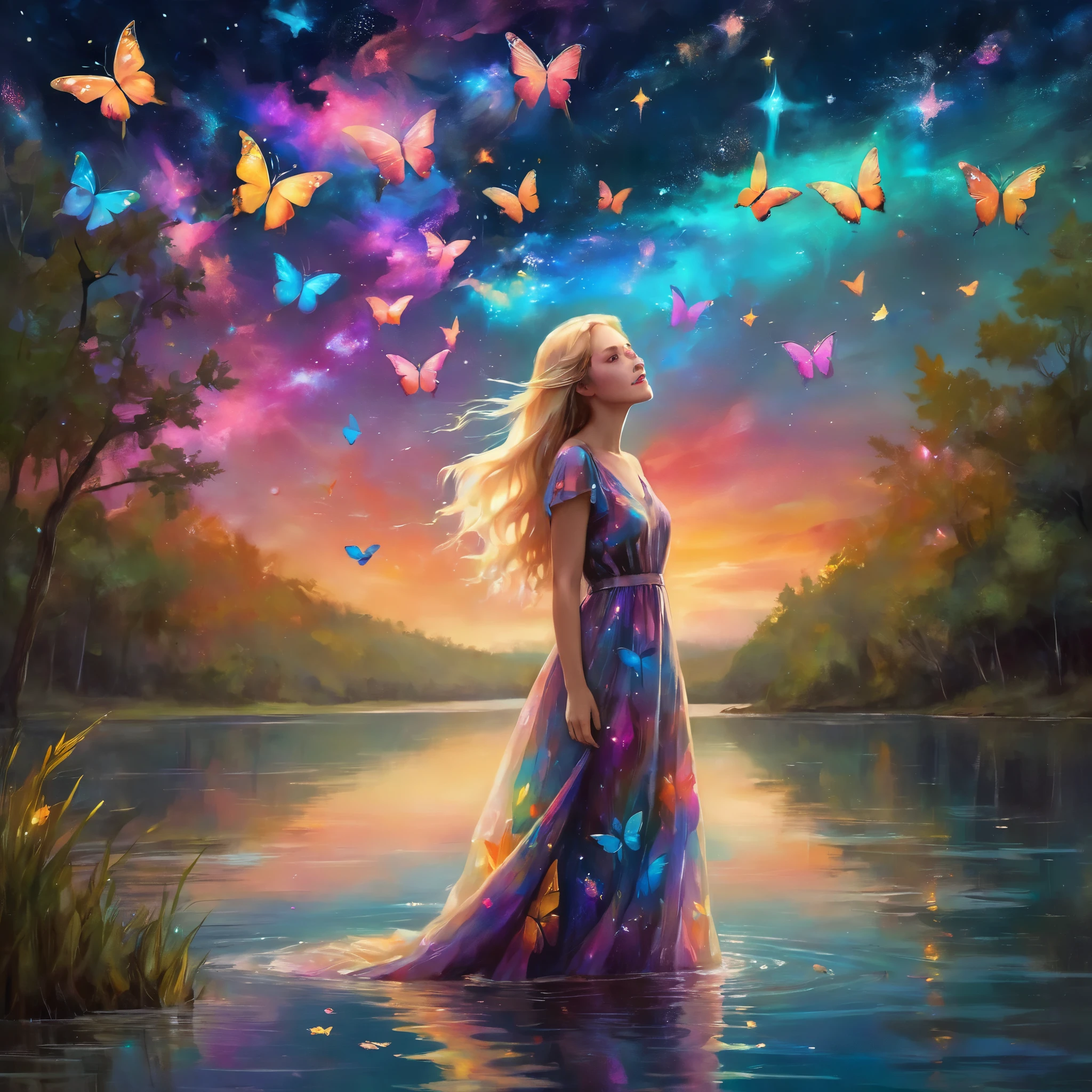 face Closeup, Cute and beautiful girl with long glowing blonde hair wearing long colorful glowing dress, Iridescent grass Painting butterflies flying on the water, Looking at the starry sky. It is surrounded by colorful nebulae and colorful forests.