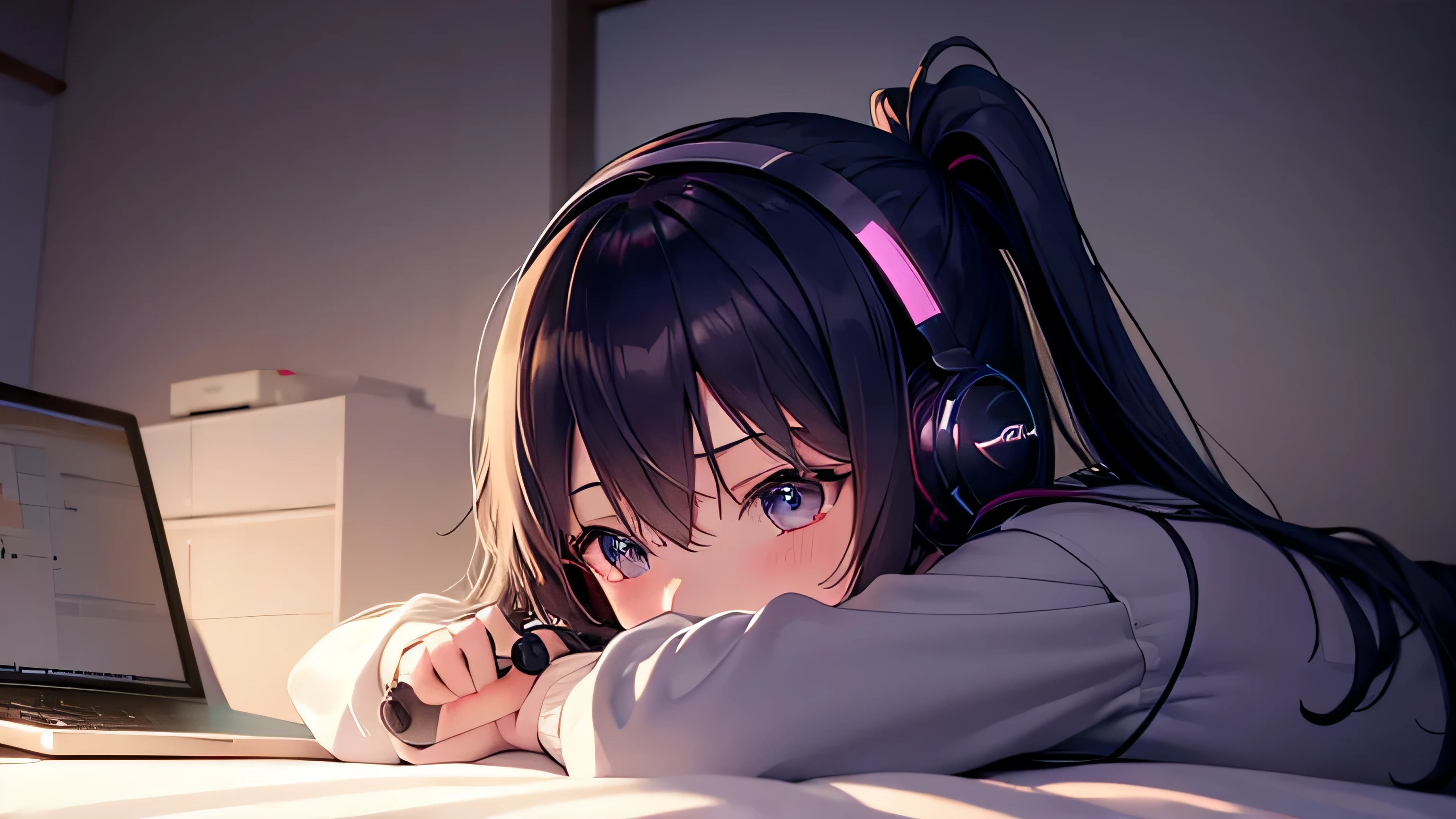 night　A girl using a computer in her room while listening to music with headphones　dark lighting　Outside the room, the starry sky spreads out　Japanese anime style