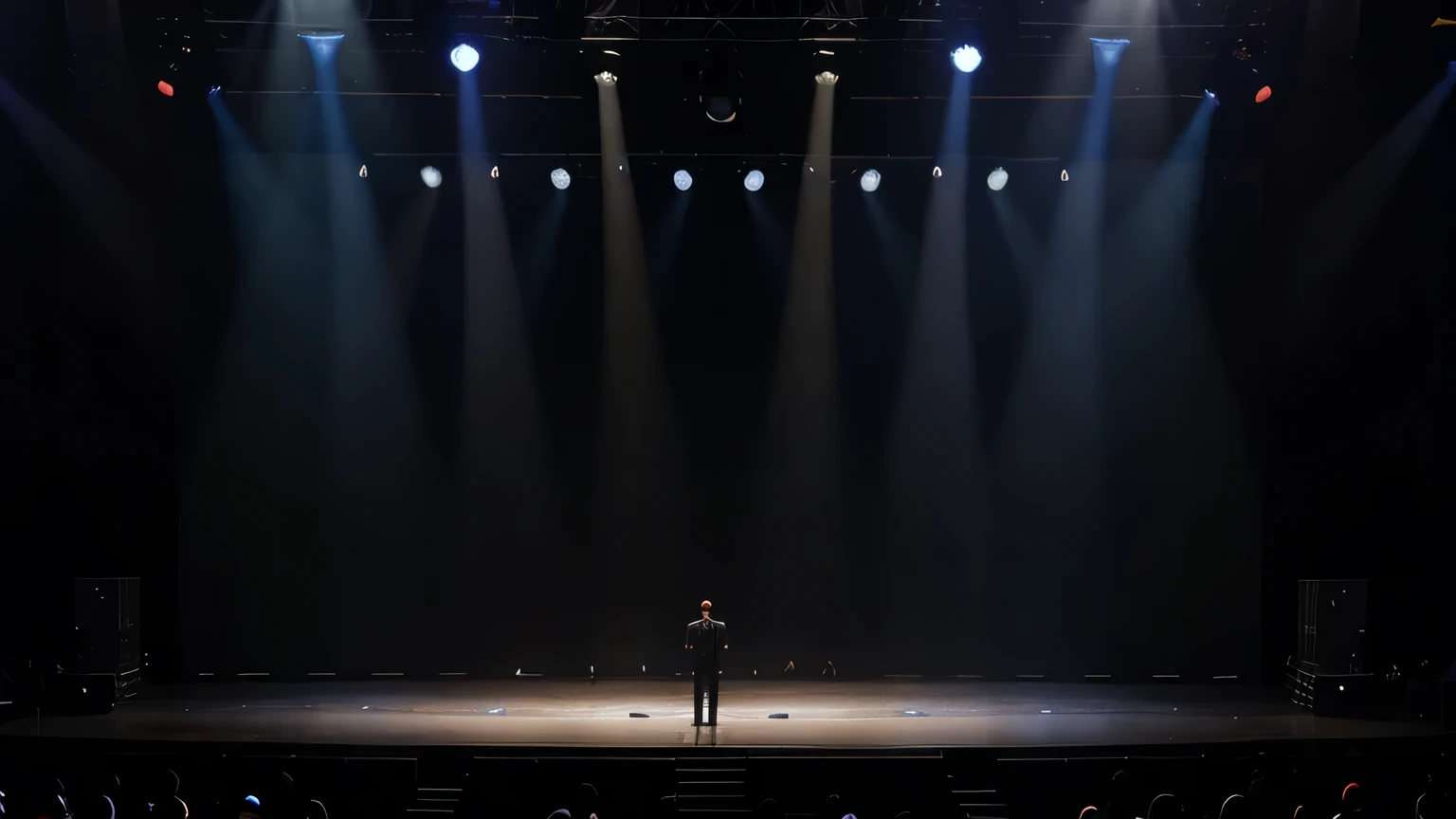 stage with spotlights on, simple background lots of people staring towards the stage, realistic, 8 k