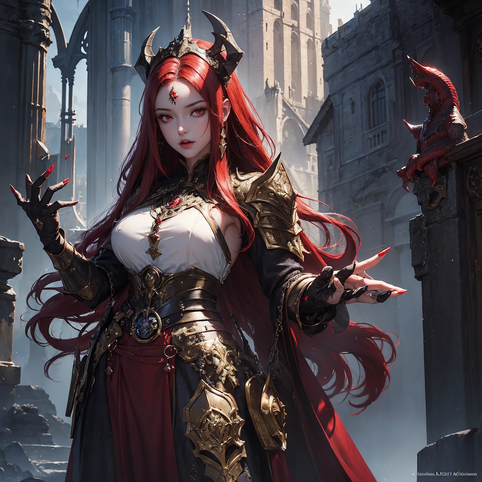 ((best quality)), ((masterpiece)), (detailed), perfect face，super detailed face, 1 girl，vampire，demon，armor, long dress, red hair, red eyes, dynamic pose, game UI, concept art, fantasy art, epic, medieval castle，monsters background