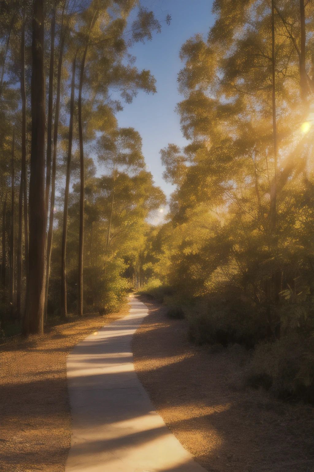 Winding path through eucalyptus forest at golden hour, Captured in real life with 8K photography, Sunlight rays are filtered through the leaves, Exquisite expression of all textures and shadows, a masterpiece showcasing the beauty and harmony of nature. (masterpiece: 1.3, highest quality, High resolution) (Fine detail lighting: 1.5), (Highly detailed CG Unity 8K wallpaper, very realistic, Super detailed, best shadow) (Quiet background), high contrast, (Amazing sunset lighting, warm colors), (Caustics and highlights add depth to your images) (dynamic angle, soft focus,warm,