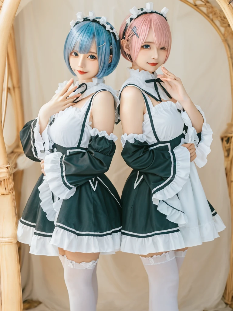 (8K, Photorealistic, Raw photo, of the highest quality: 1.3), (1girl in), Super beautiful, (Realistic face), (boyish, pink Color Berry Shorthair), Beautiful , Glare that captivates the viewer, Beautiful expression, Beautiful breasts, (Realistic skin), Be...Create a detailed and colorful image of Ram and Rem from Re:Zero, standing back-to-back in their maid outfits, with a magical fantasy background、ears old, two girls,cute, perfect face, beautiful, nice body, gothic lolclothes, gothic lolita ion, frilly skirt, headdress, necklace, bracelet, knee-high socks, boots, double eyelids, tear bags, Detailed down to the fingers, photo-like description, indoors, dim indoor lighting, one girl is pink hair and short bob, another girl is light blue hair and short bob,standing, sexy posing,whole body, composition that shows the whole body, smiling,The Both of them are wearing the same type of maid outfit,Optimal ratio of 4 fingers and 1 thumb