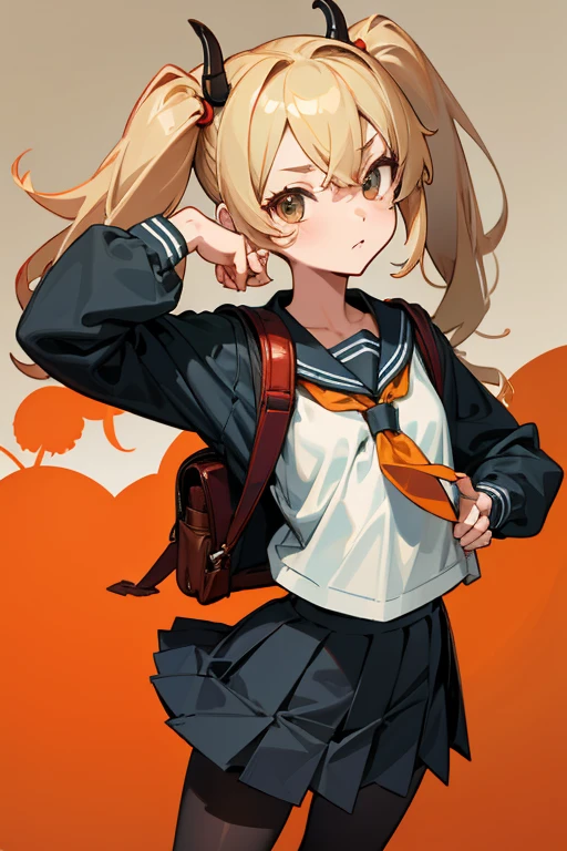 akizuki airi. oni chichi, masterpiece, highest quality, Super detailed, figure, flat color, Depth of the bounds written, , , 1 girl, young, anime, going home, full length, blonde, twin tails, looking at the viewer, red pleated mini skirt, Wet white button-down shirt, , serafuku, blue tie, No bra, black tights, small backpack, fine leather texture, fine fabric texture, beautiful and detailed face,