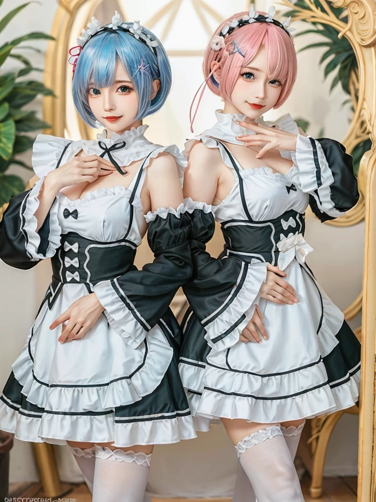 (8K, Photorealistic, Raw photo, of the highest quality: 1.3), (1girl in), Super beautiful, (Realistic face), (boyish, pink Color Berry Shorthair), Beautiful , Glare that captivates the viewer, Beautiful expression, Beautiful breasts, (Realistic skin), Be...Create a detailed and colorful image of Ram and Rem from Re:Zero, standing back-to-back in their maid outfits, with a magical fantasy background、14years old, two girls,cute, perfect face, beautiful, nice body, gothic ta clothes, gothic loliashion, frilly skirt, headdress, necklace, bracelet, knee-high socks, boots, double eyelids, tear bags, Detailed down to the fingers, photo-like description, indoors, dim indoor lighting, one girl is pink hair and short bob, another girl is light blue hair and short bob,standing, sexy posing,whole body, composition that shows the whole body, smiling,The Both of them are wearing the same type of maid outfit,Optimal ratio of 4 fingers and 1 thumb