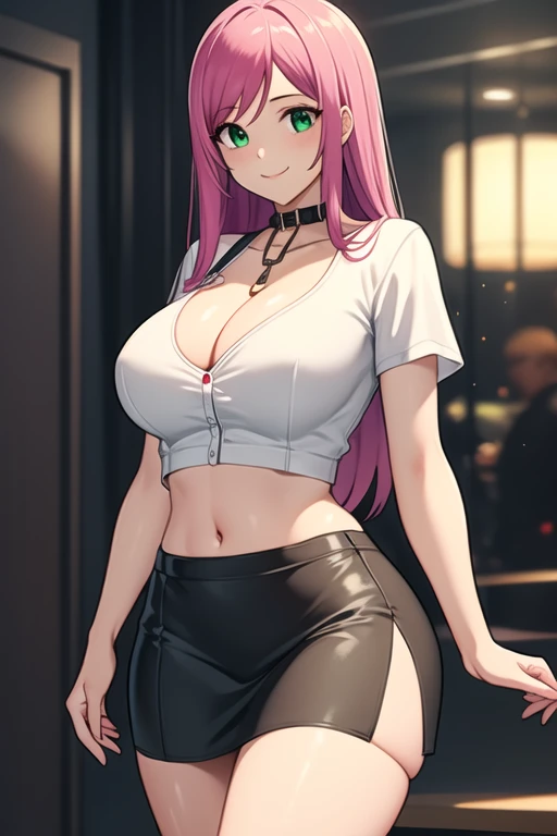 1 girl, 19 years old, Long pink hair, green eyes with slit pupils, master-piece, best quality, (standing up), (white buttoned crop blouse), (tight short sleeve white crop blouse, black pencil mini skirt, cleavage),  (Big , ultra gigantic , Super super big, Glamorous body), Make eye contact with the camera, front figure, looking forward, (light_Smile:1.5), (Detailed hands and fingers:1.2) (Cyberpunk City), (FULL BODYSHOT), thighs thighs thighs thighs、beauty legs、Bare legs