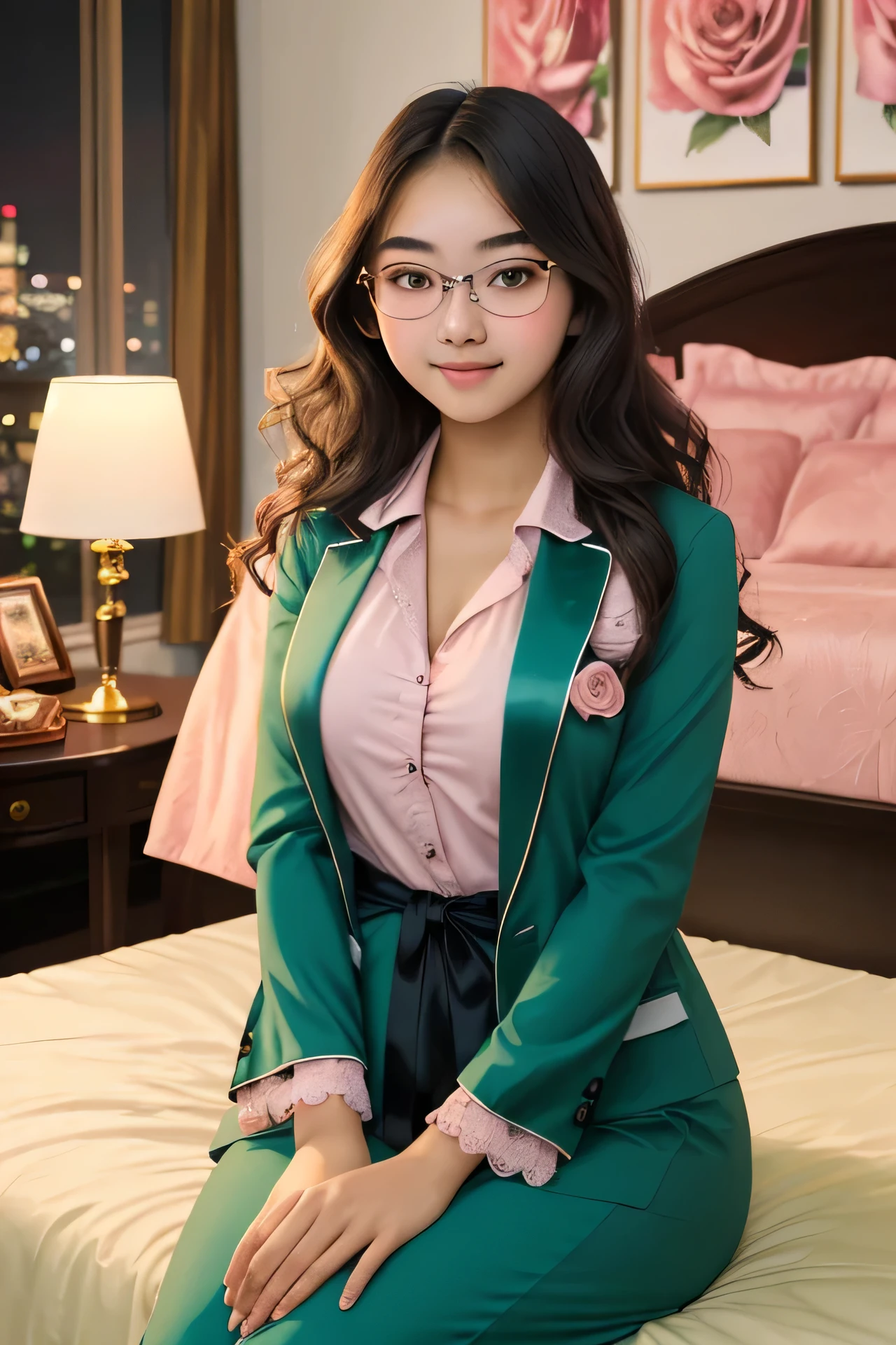 ((best quality)), ((masterpiece)), (detailed), perfect face Detailed face of half body photo. 16 year old Indonesian girl with a sweet chubby  face,  big  round face and long brown wavy hair,  pink rose blazer with black inner, round glasses, wear green luxury night gown while sitting in luxury bedroom with luxury room ornament with low light yellow lamp  lightning

