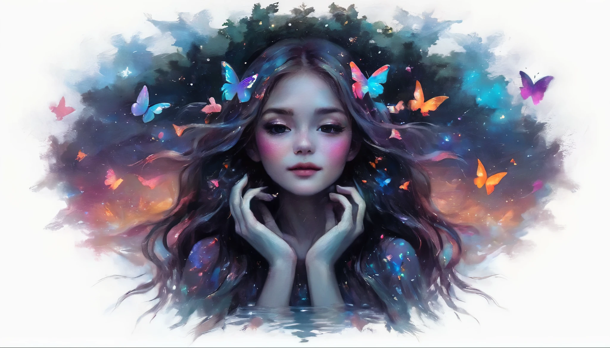 face Closeup, Cute and beautiful girl with long glowing blonde hair wearing long colorful glowing dress, Iridescent grass Painting butterflies flying on the water, Looking at the starry sky. It is surrounded by colorful nebulae and colorful forests.